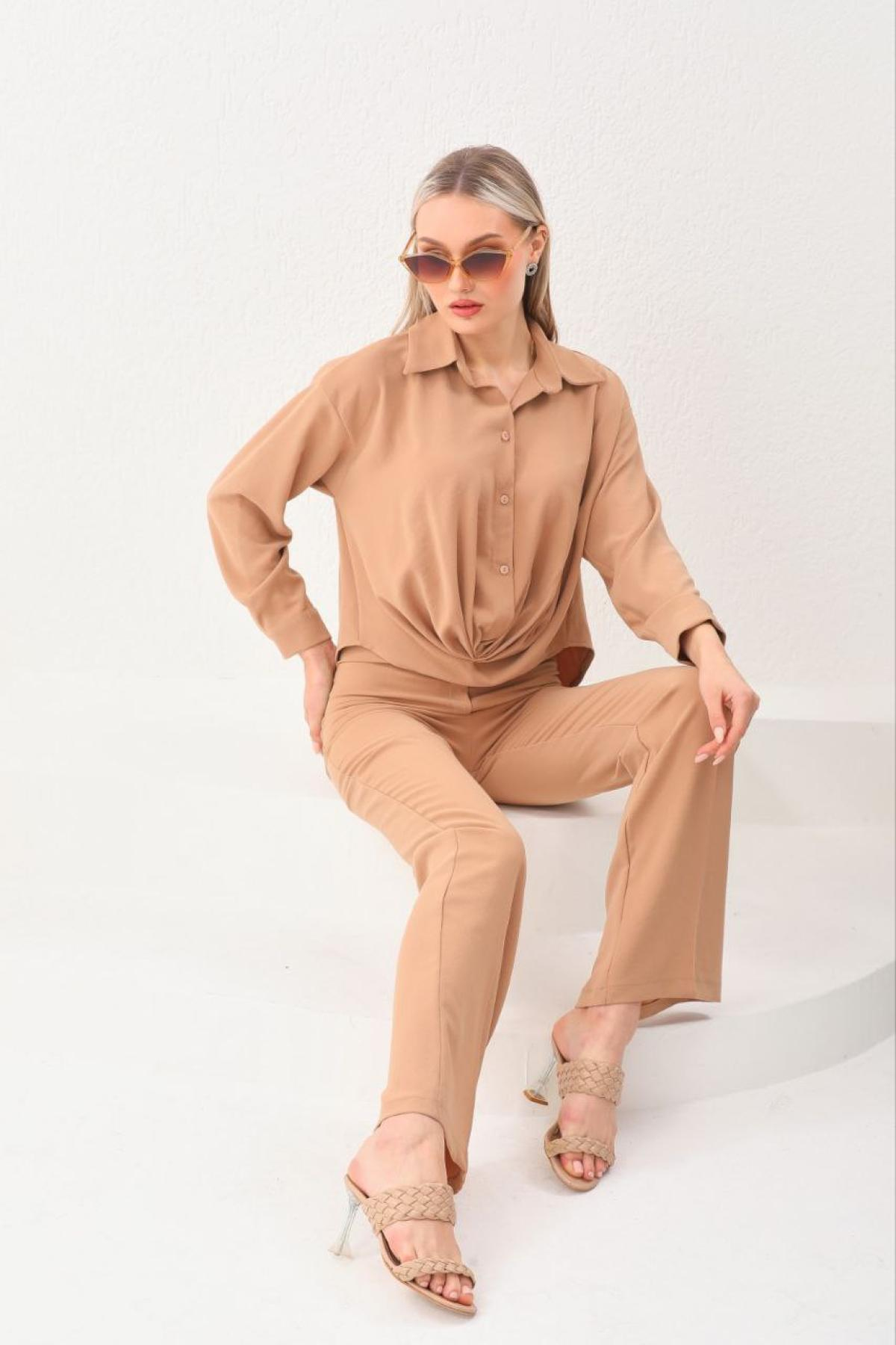 Kadın Gömlek Ve Pantolon Takım Bej Rengi 691593