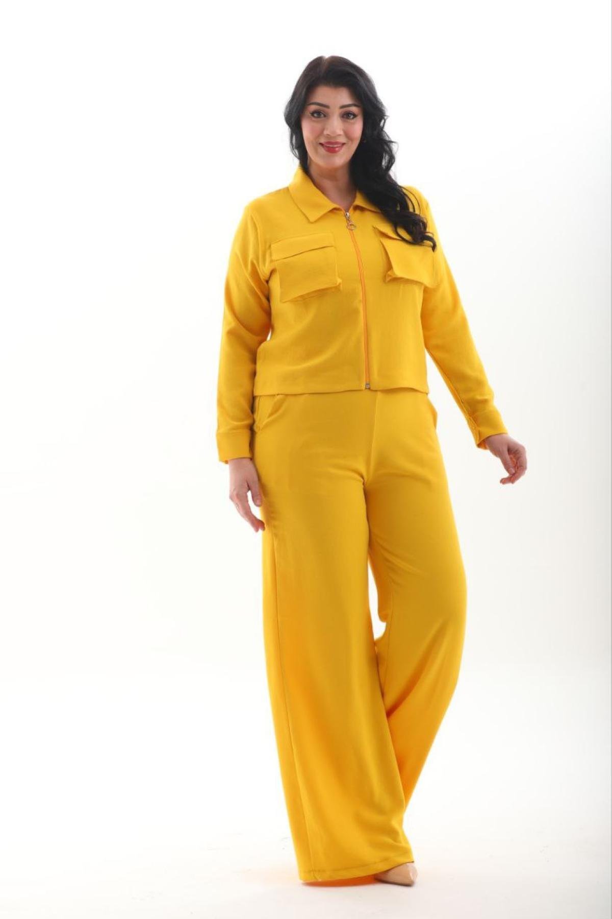 Women shirt and pants set Plus size wholesale Mustard color 691545