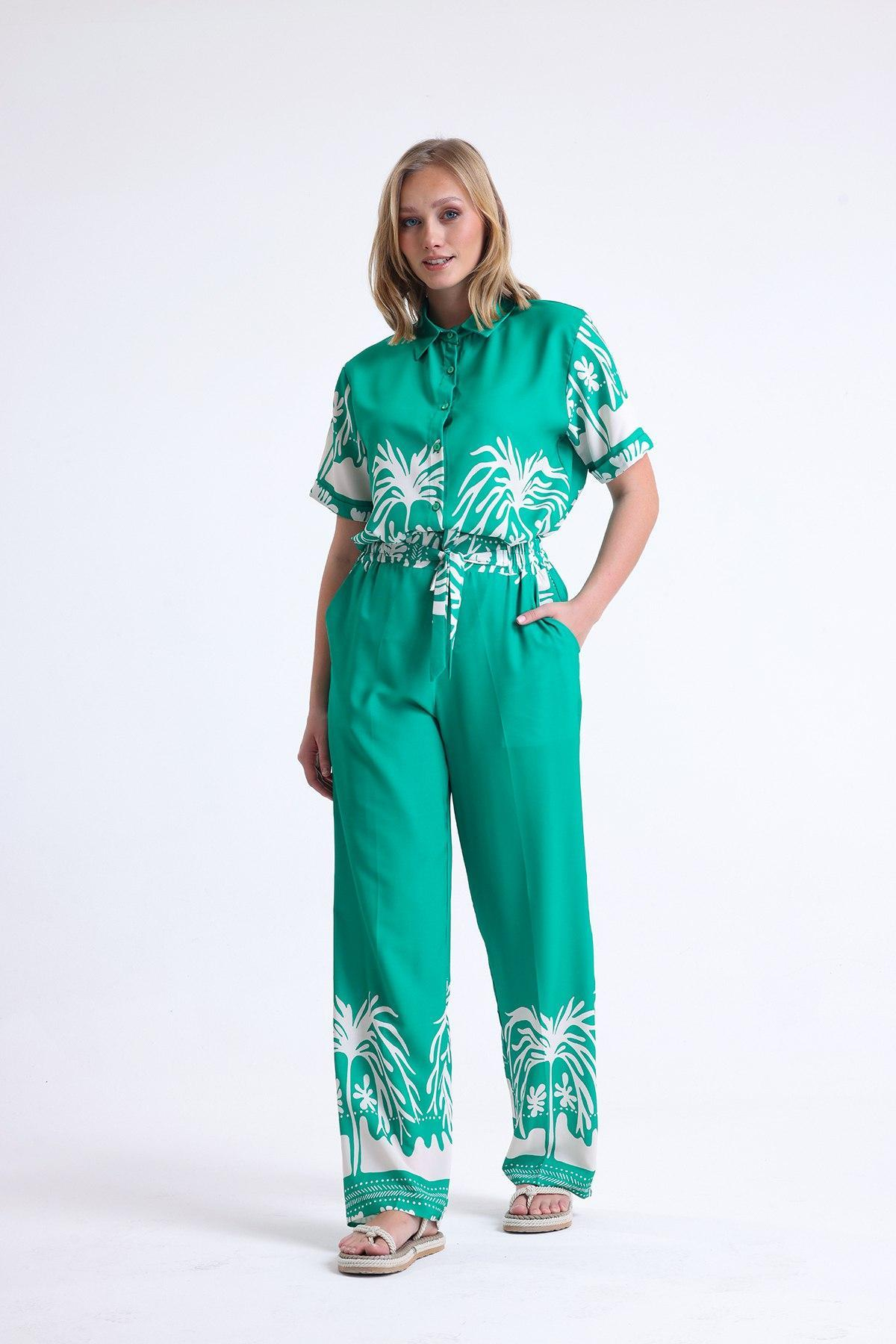 Women shirt and pants set patterned Plus size wholesale Green color 691530