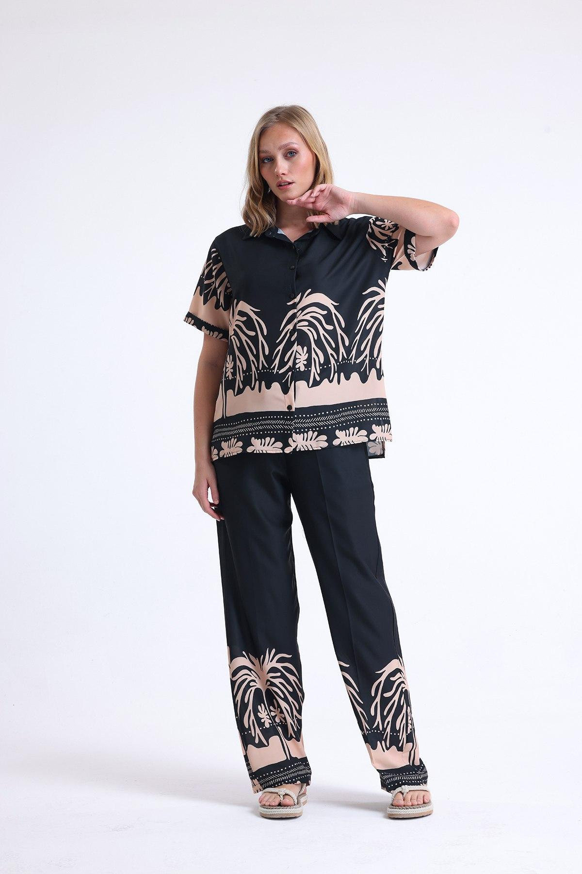 Women shirt and pants set patterned Plus size wholesale Black color 691528