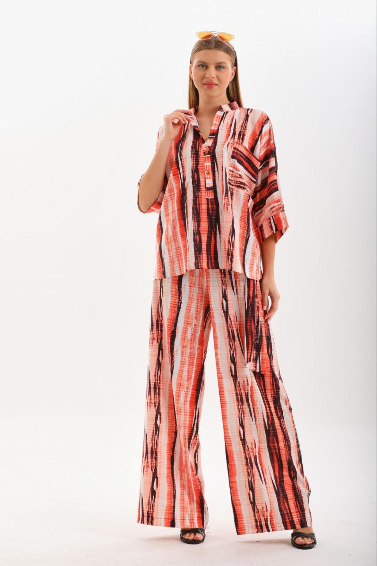Women shirt and pants set patterned Plus size wholesale Coral color 691599