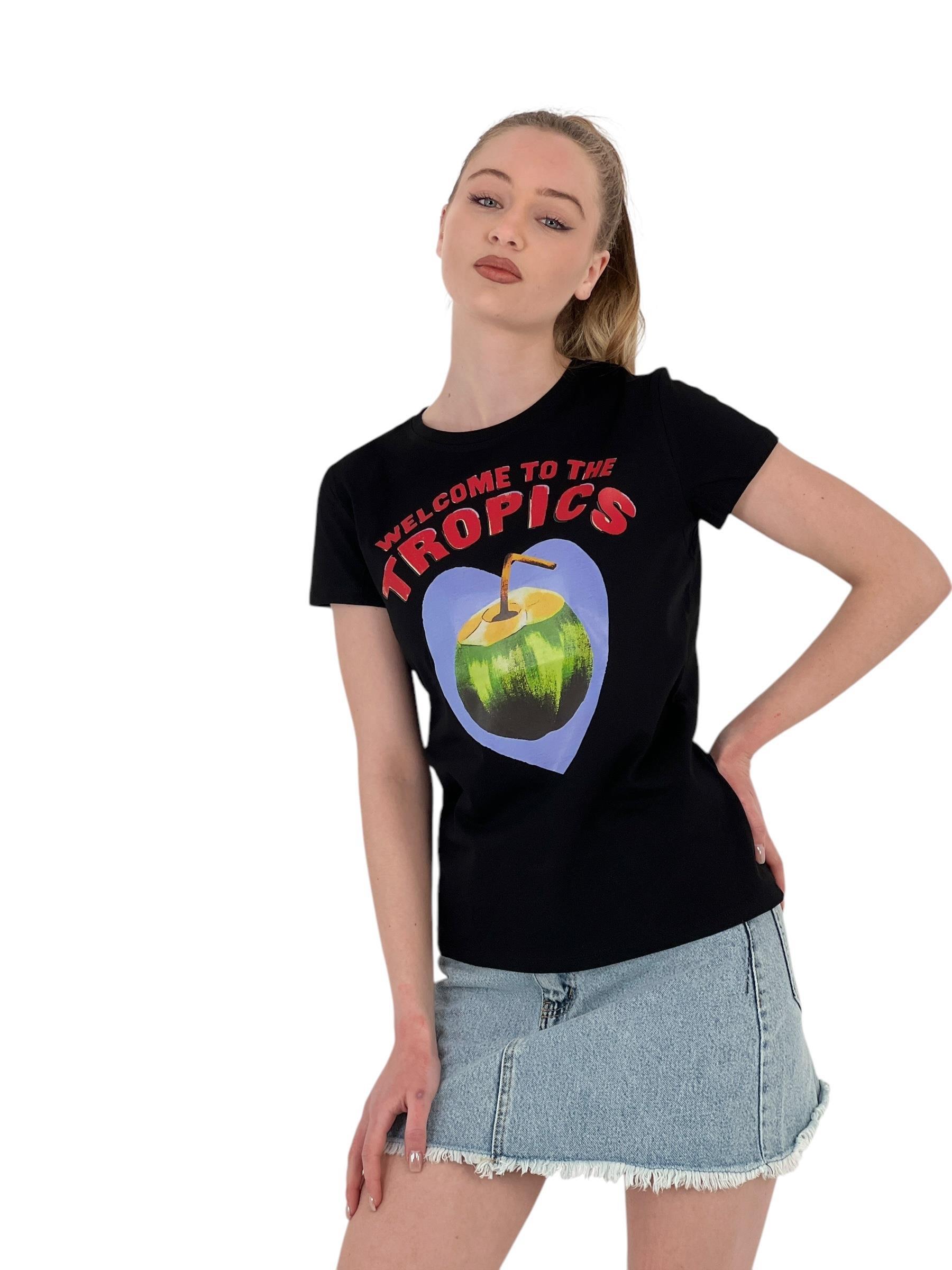 Kadın Meyve Baskılı Kısa Kollu Yazlık Siyah Tişört