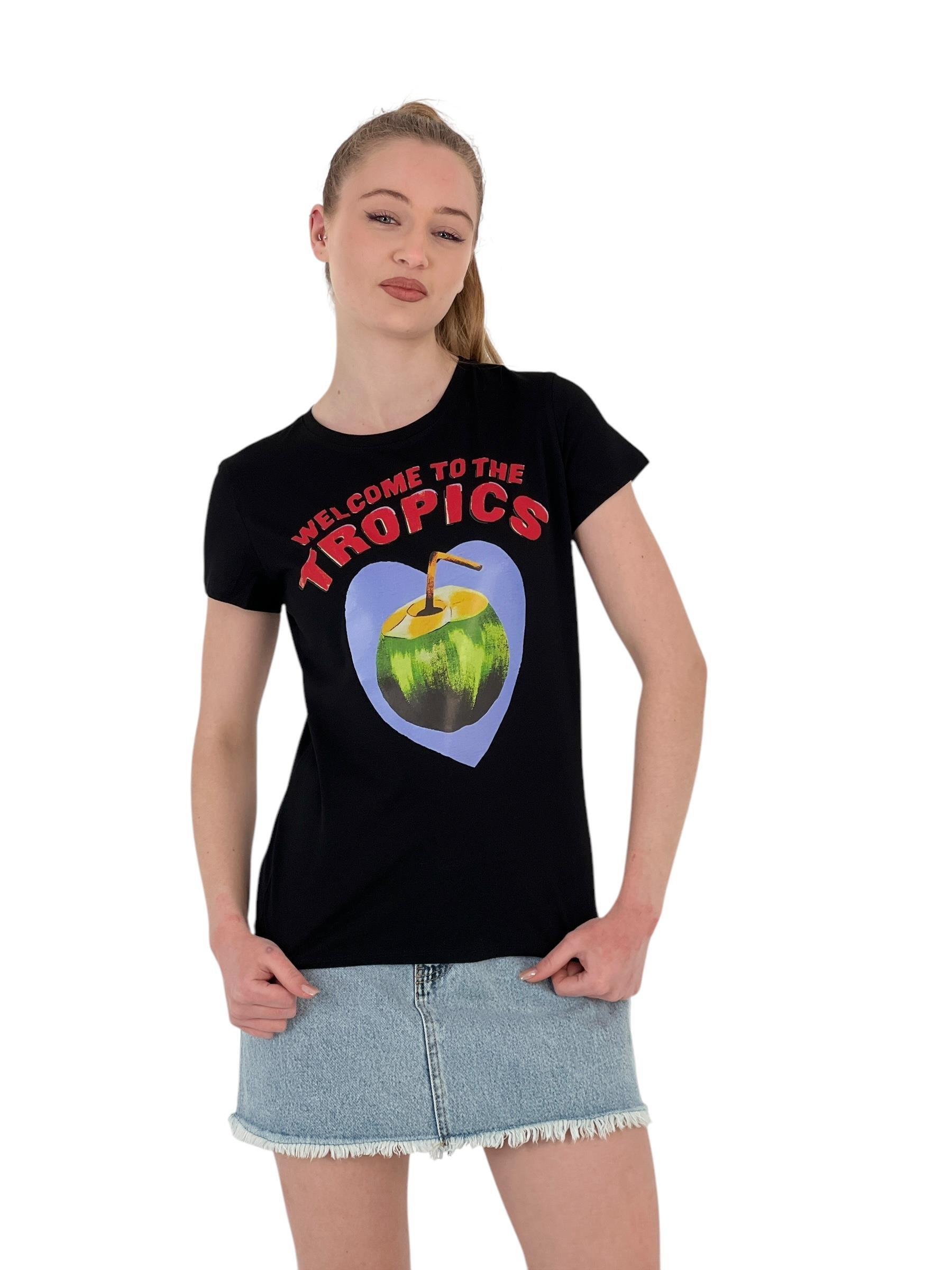 Kadın Meyve Baskılı Kısa Kollu Yazlık Siyah Tişört