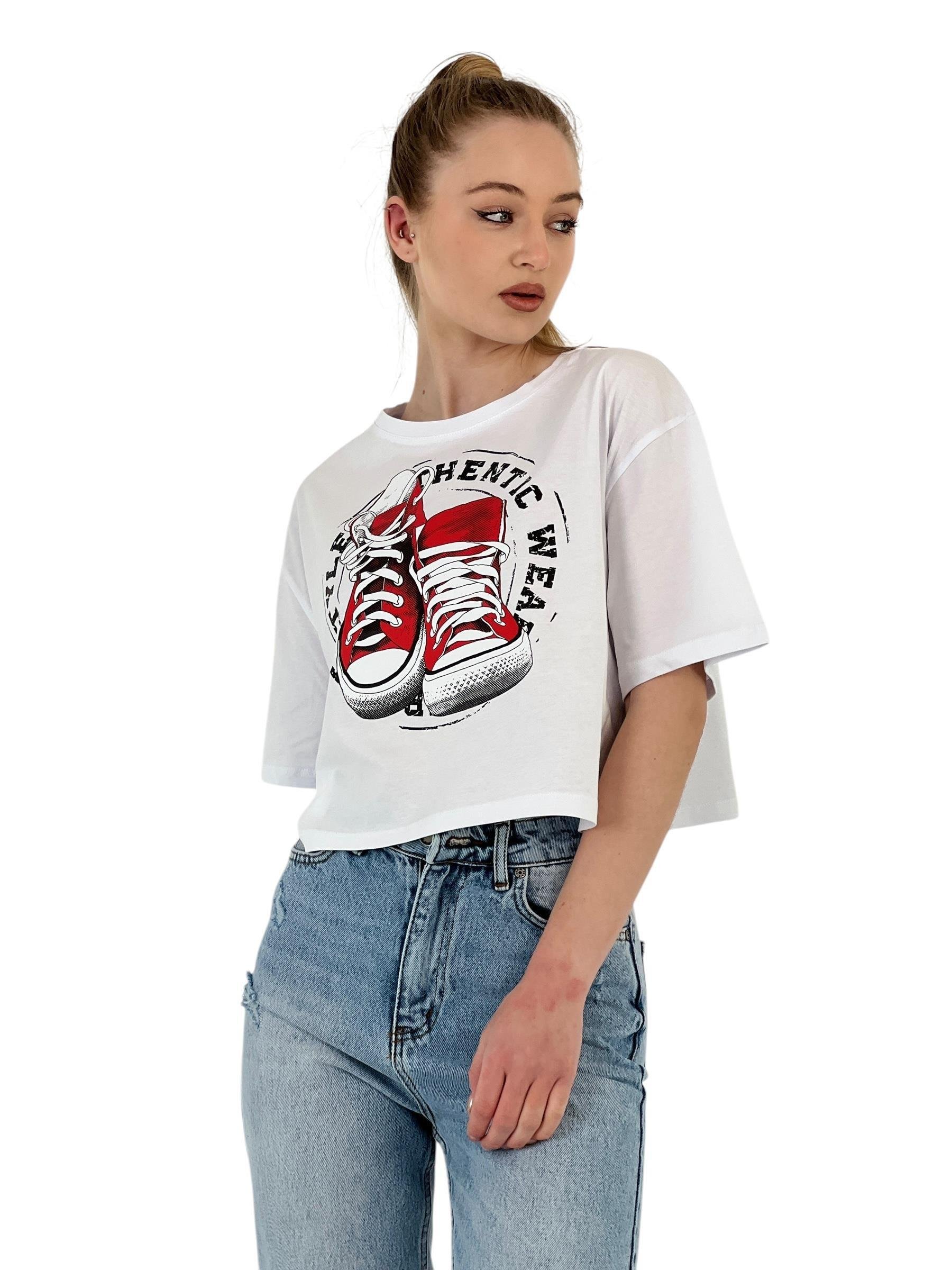 Kadın Oversize Baskılı Kısa Kol Beyaz Crop Tişört