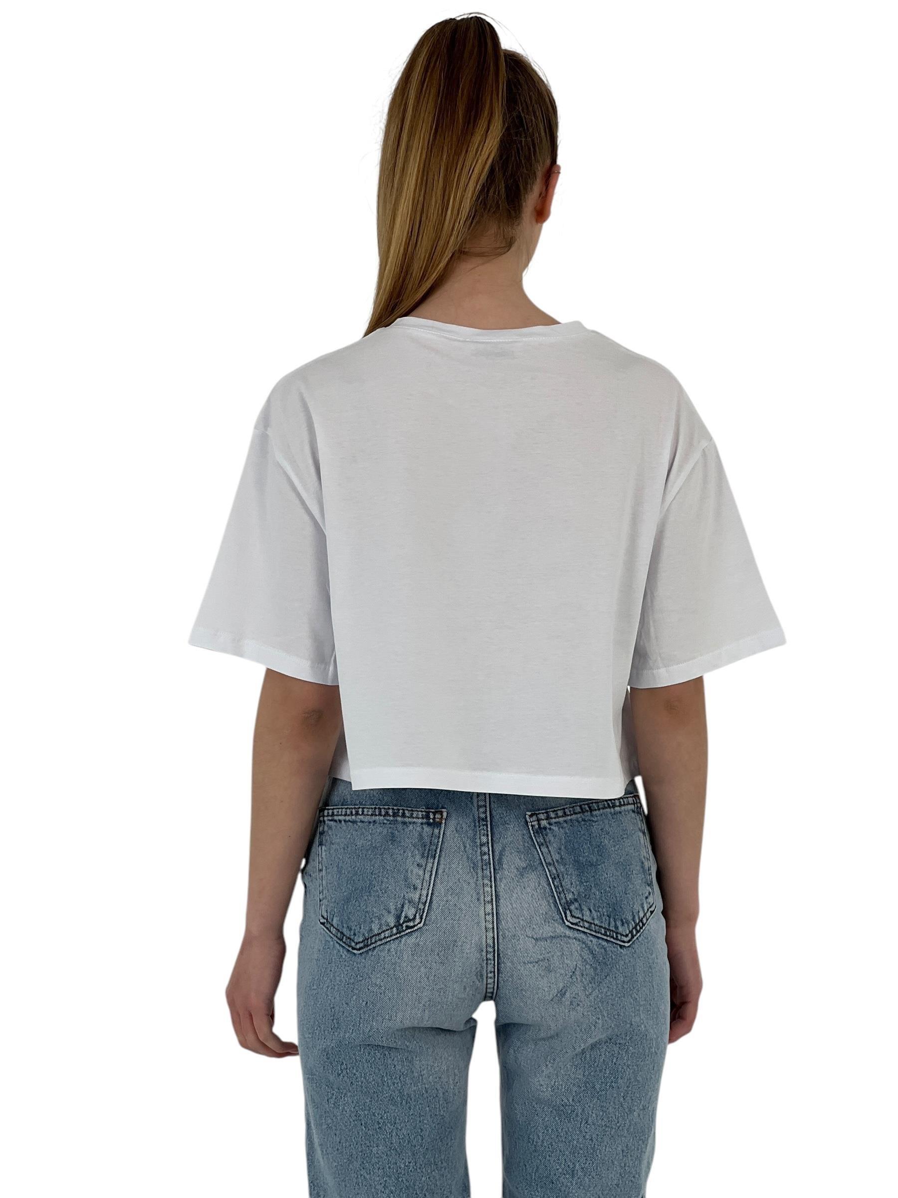 Kadın Oversize Baskılı Kısa Kol Beyaz Crop Tişört