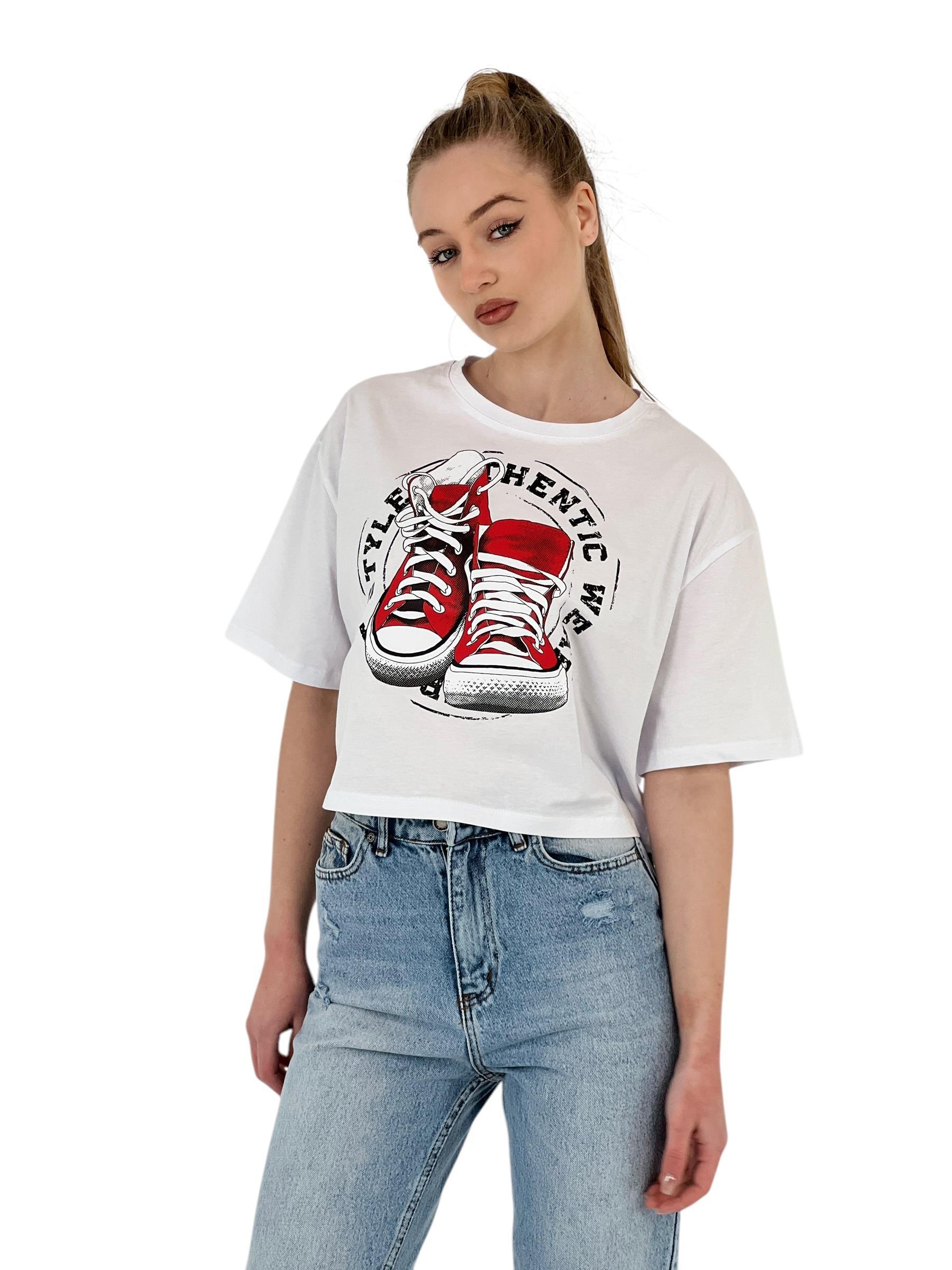 Kadın Oversize Baskılı Kısa Kol Beyaz Crop Tişört