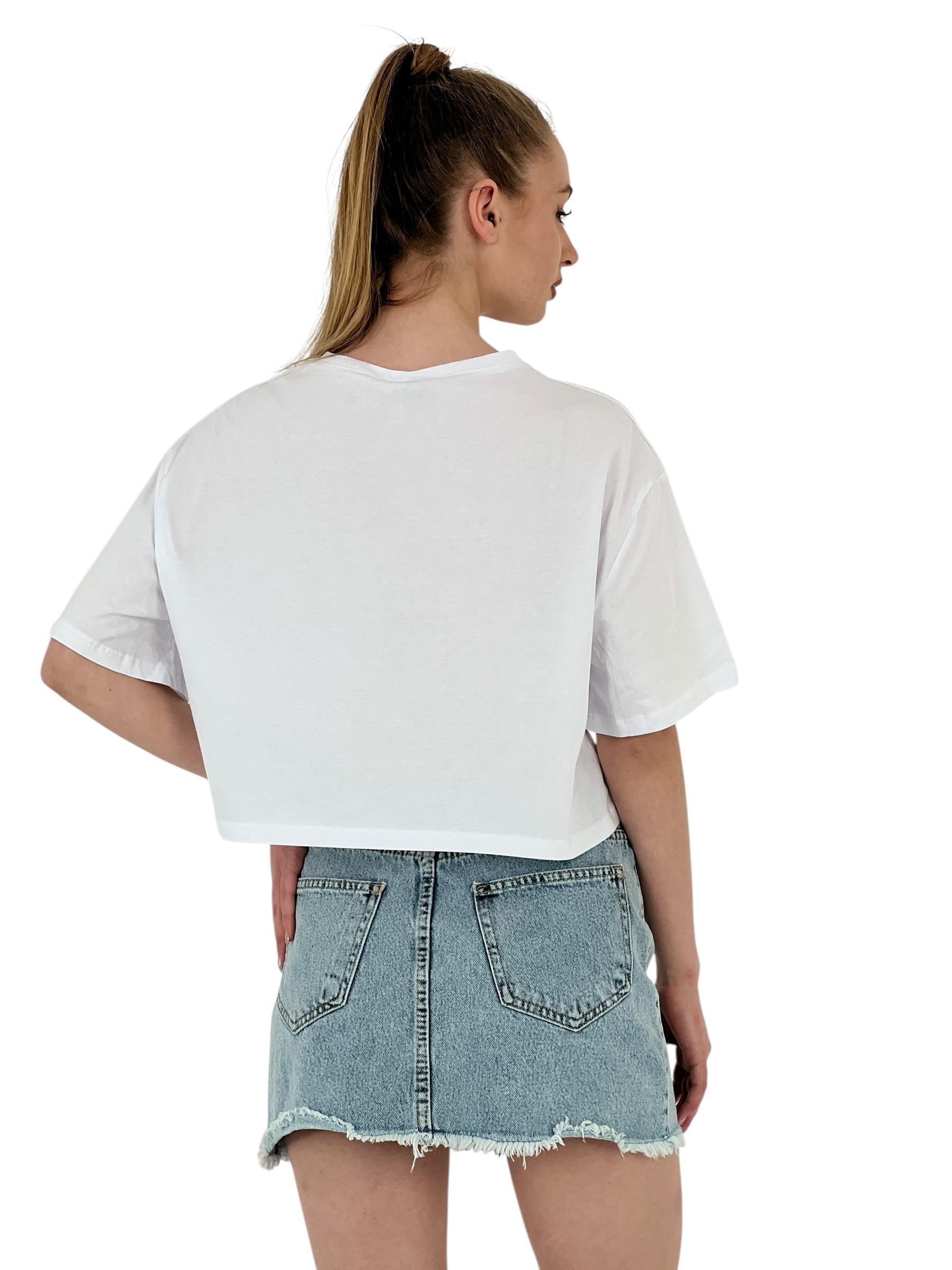 Kadın Oversize Çiçek Baskı Kısa Beyaz Crop Tişört
