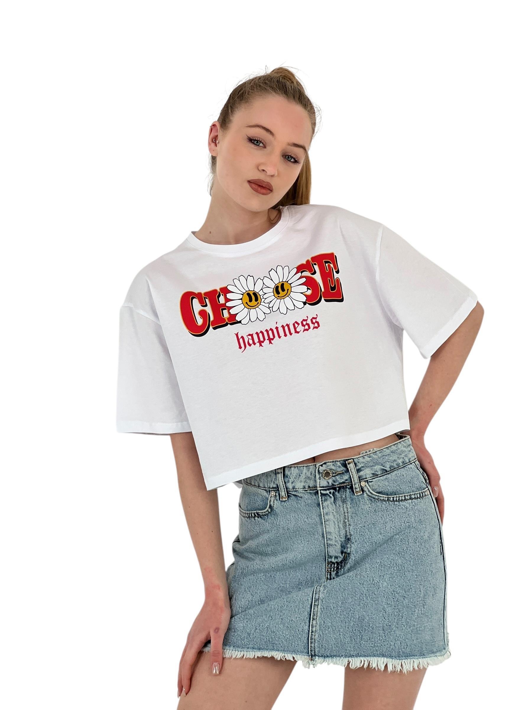 Kadın Oversize Çiçek Baskı Kısa Beyaz Crop Tişört