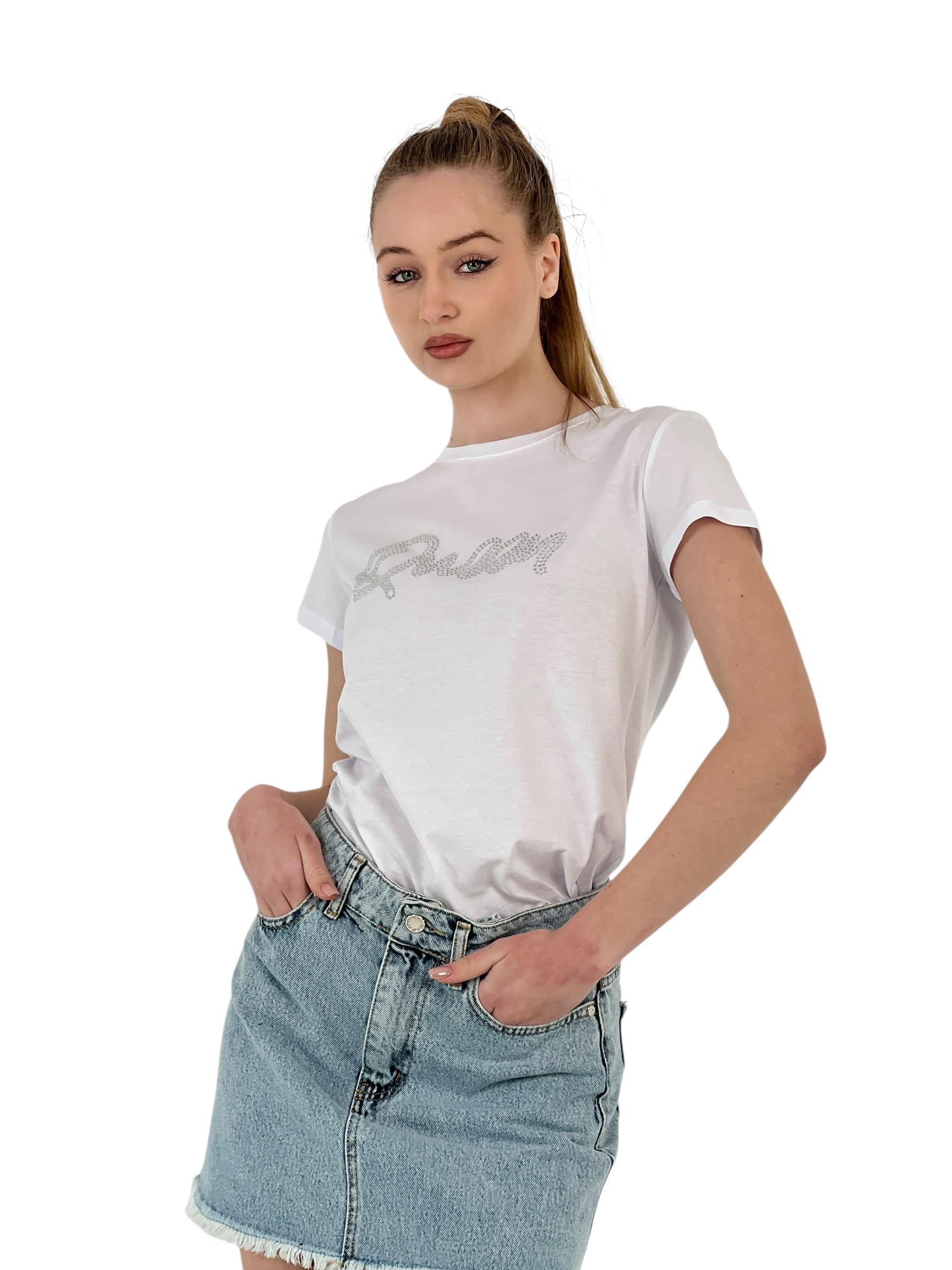 Kadın Queen Taşlı Kısa Kol Yazlık Dar Beyaz Tişört