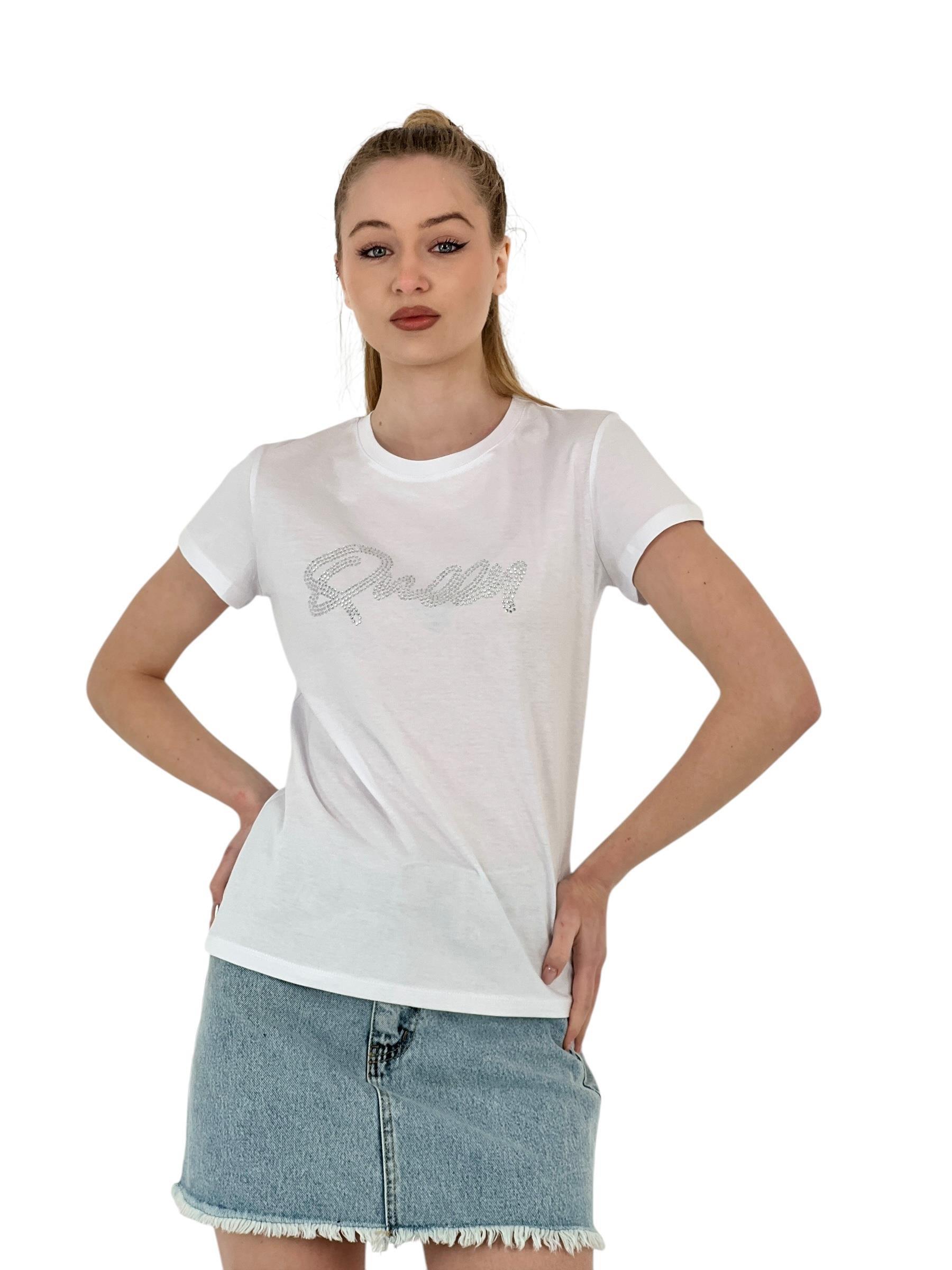 Kadın Queen Taşlı Kısa Kol Yazlık Dar Beyaz Tişört