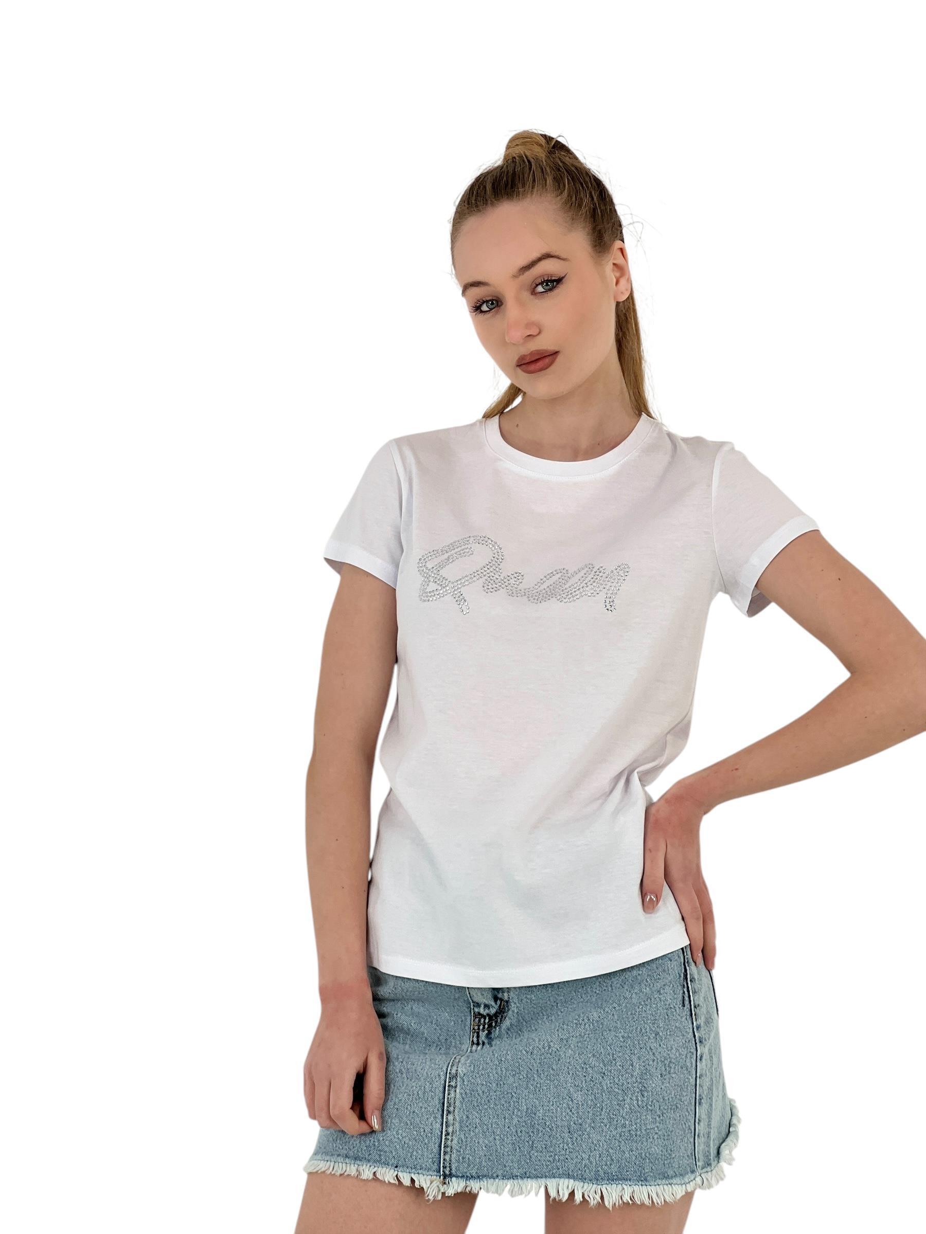 Kadın Queen Taşlı Kısa Kol Yazlık Dar Beyaz Tişört