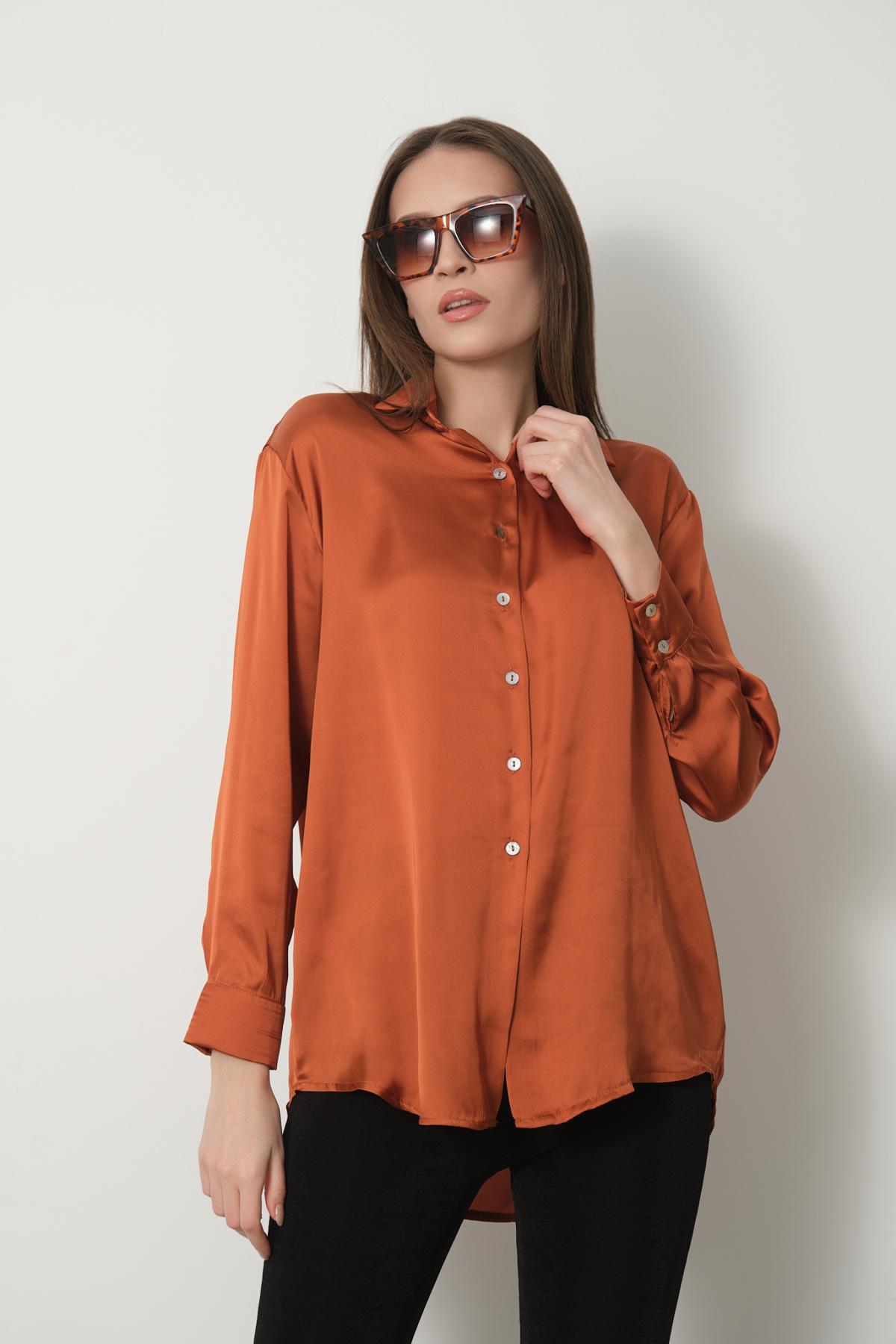 Kadın Saten Gömlek Toptan Terracotta Rengi 688672