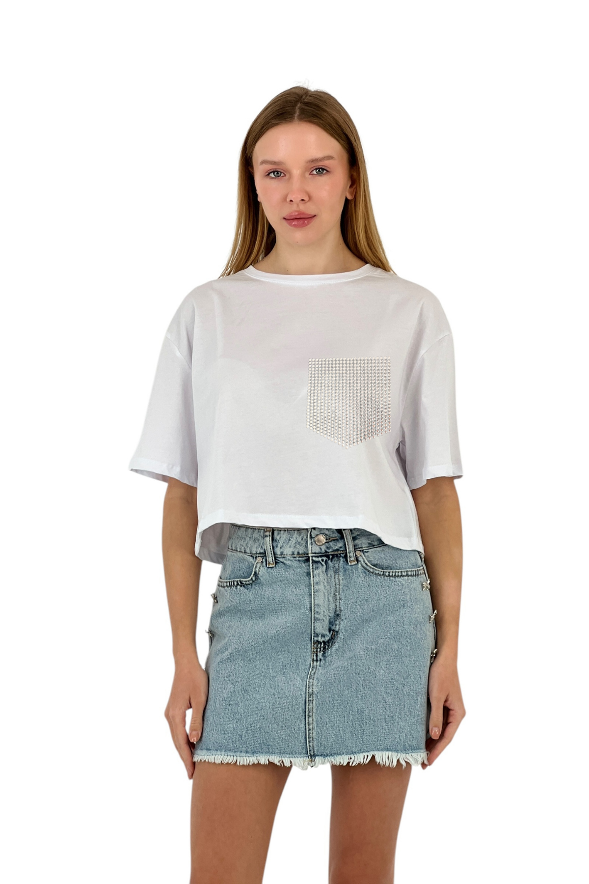 Kadın Taş Detaylı Cepli Crop T-Shirt