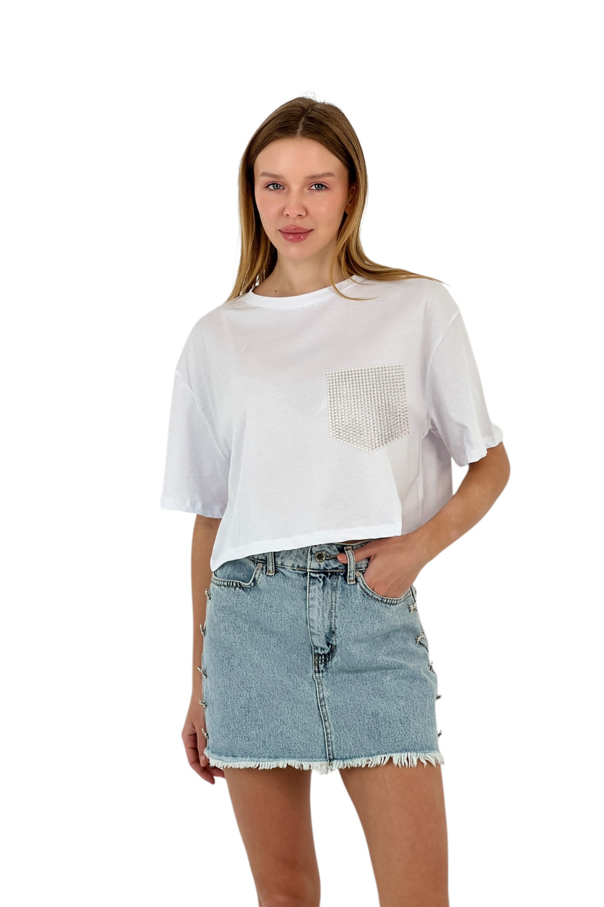 Kadın Taş Detaylı Cepli Crop T-Shirt