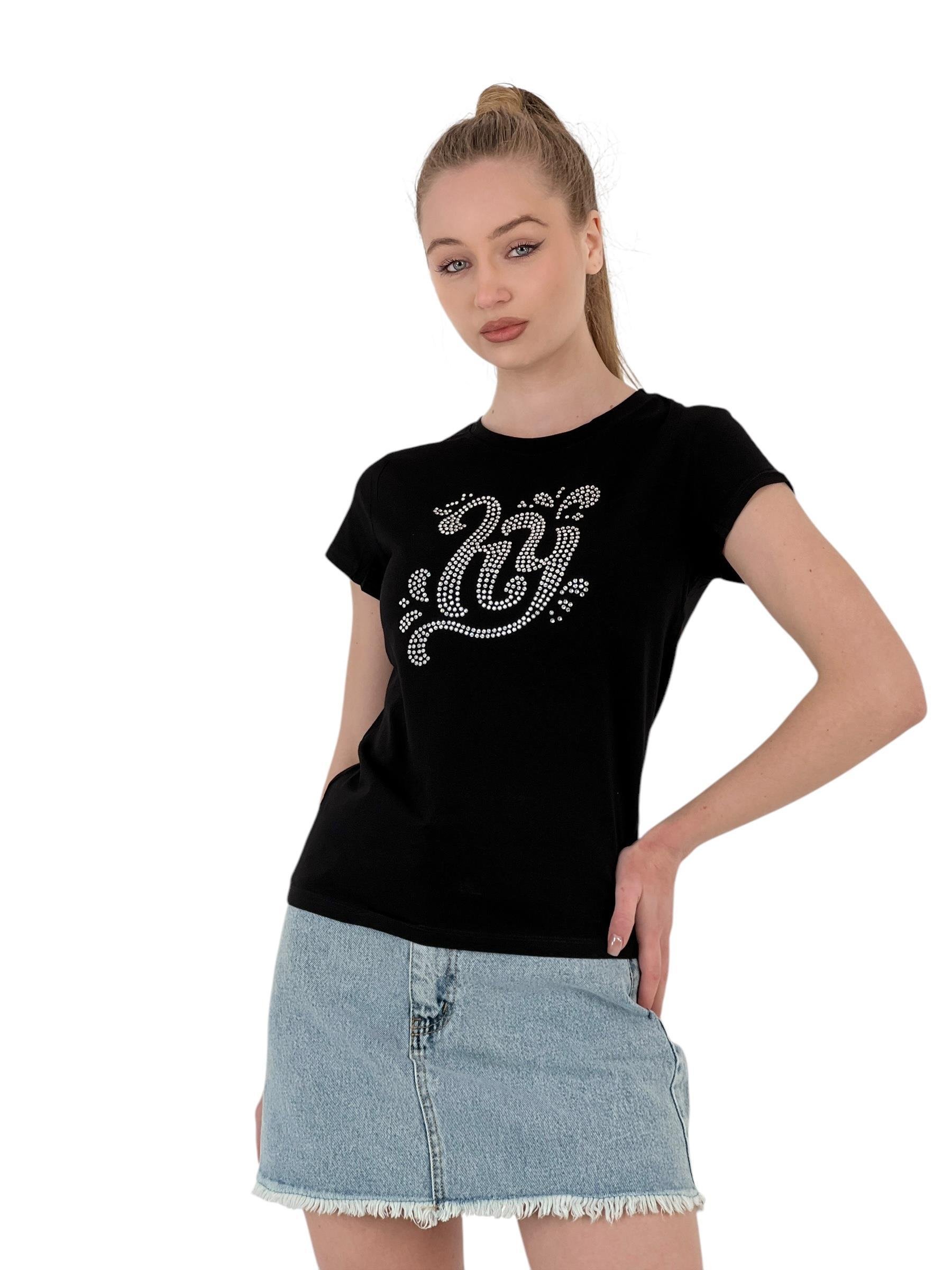 Kadın Taş Nakışlı Kısa Kol Yazlık Dar Beyaz Tişört