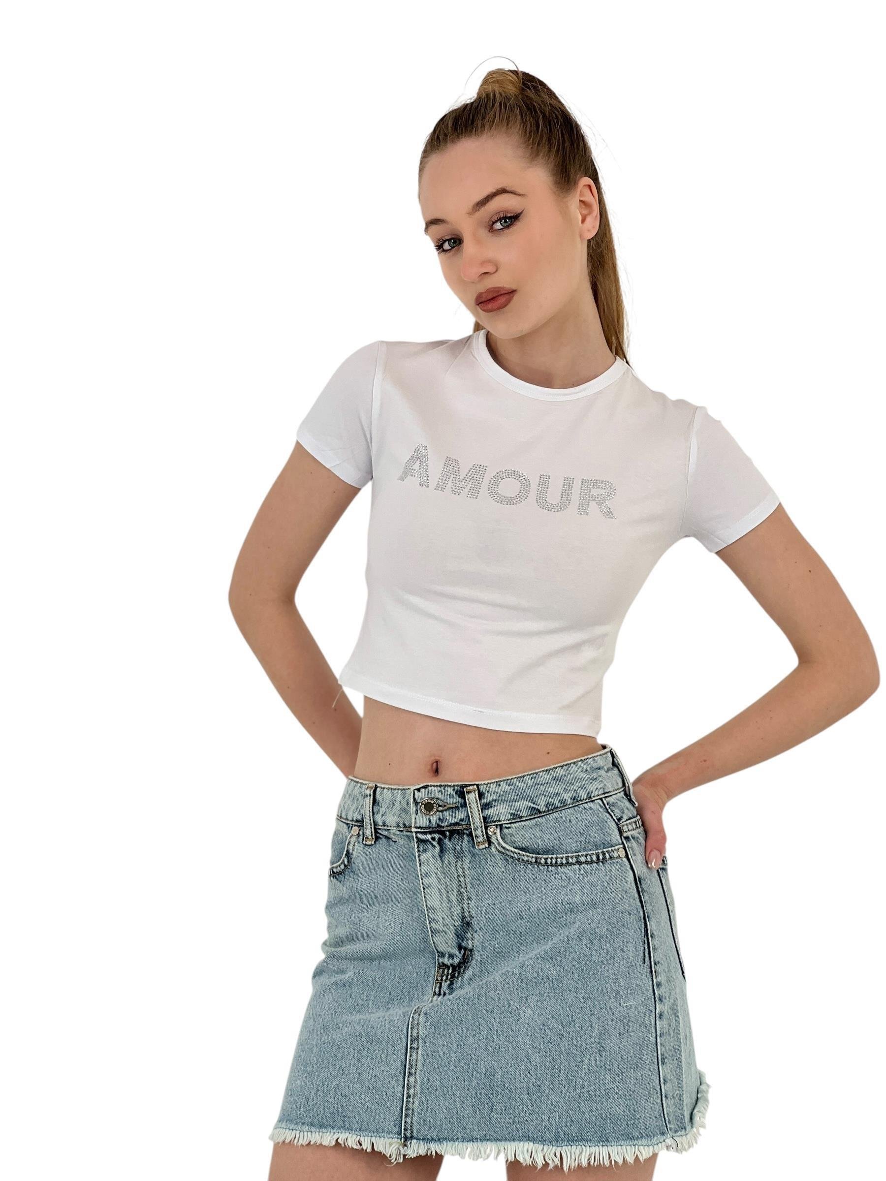 Kadın Taşlı Kısa Kollu Yazlık Beyaz Crop Tişört