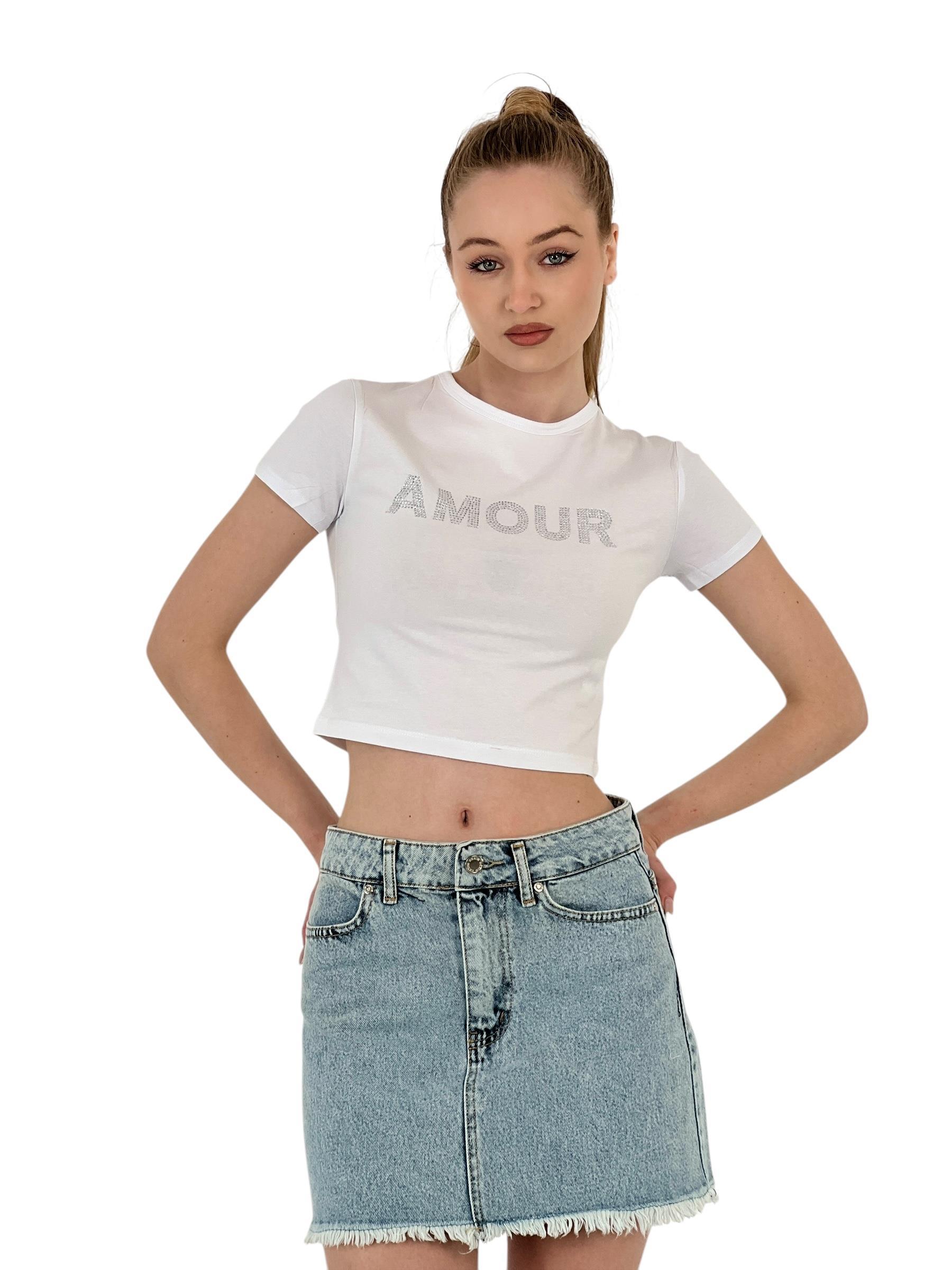 Kadın Taşlı Kısa Kollu Yazlık Beyaz Crop Tişört