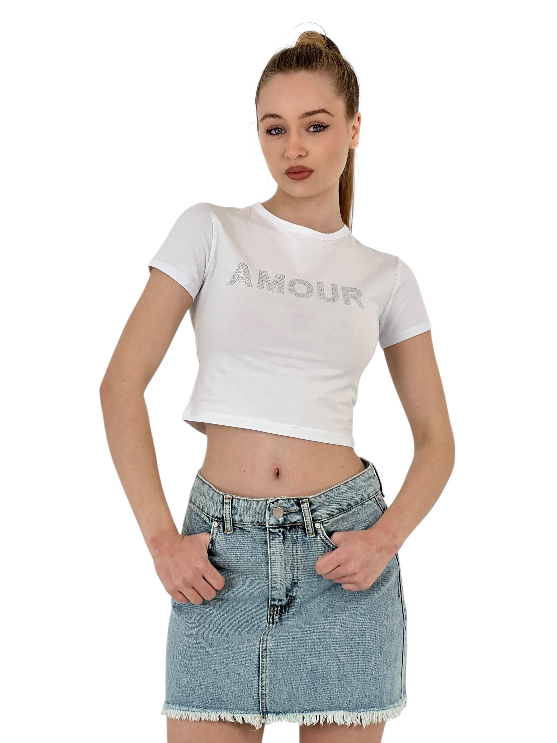 Kadın Taşlı Kısa Kollu Yazlık Beyaz Crop Tişört