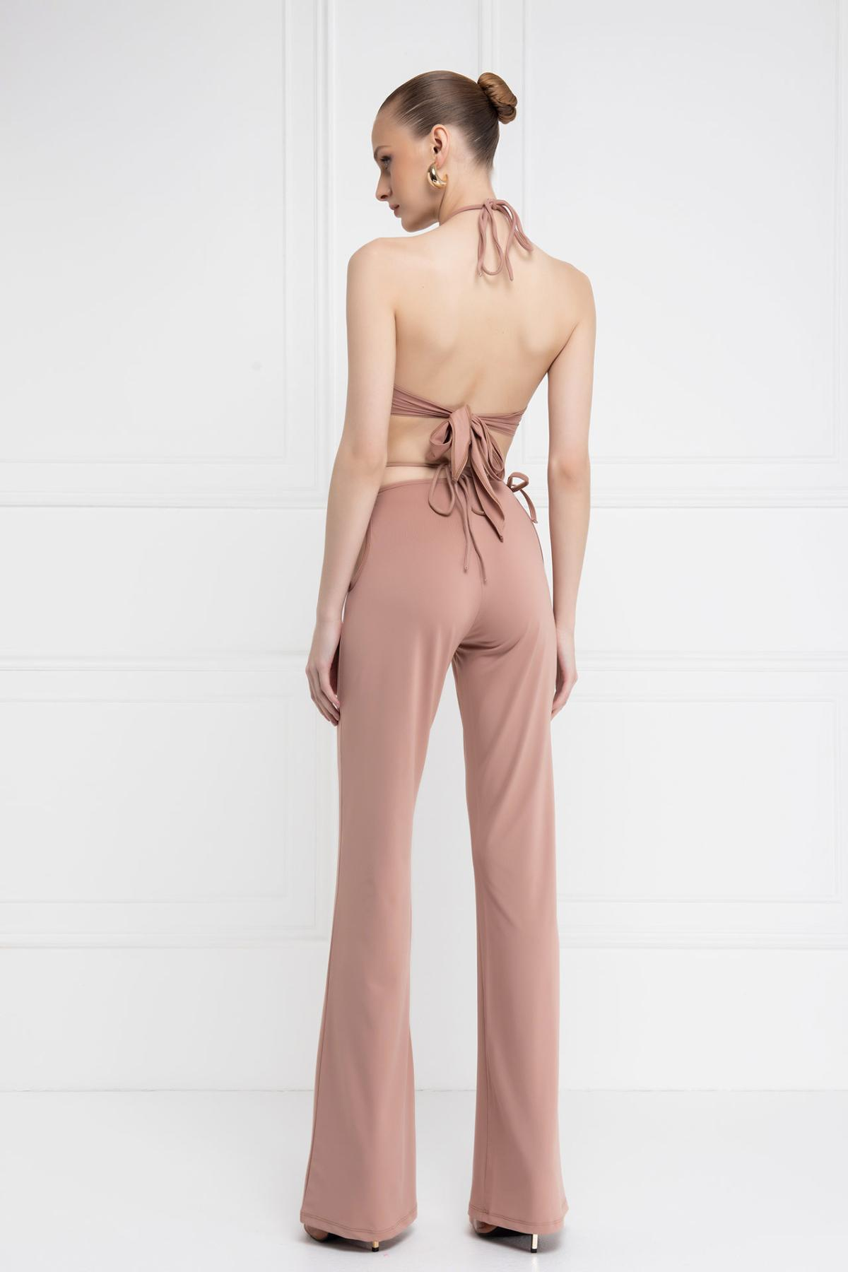 Women wholesale caramel strappy crop cami & cut out pants set 689258