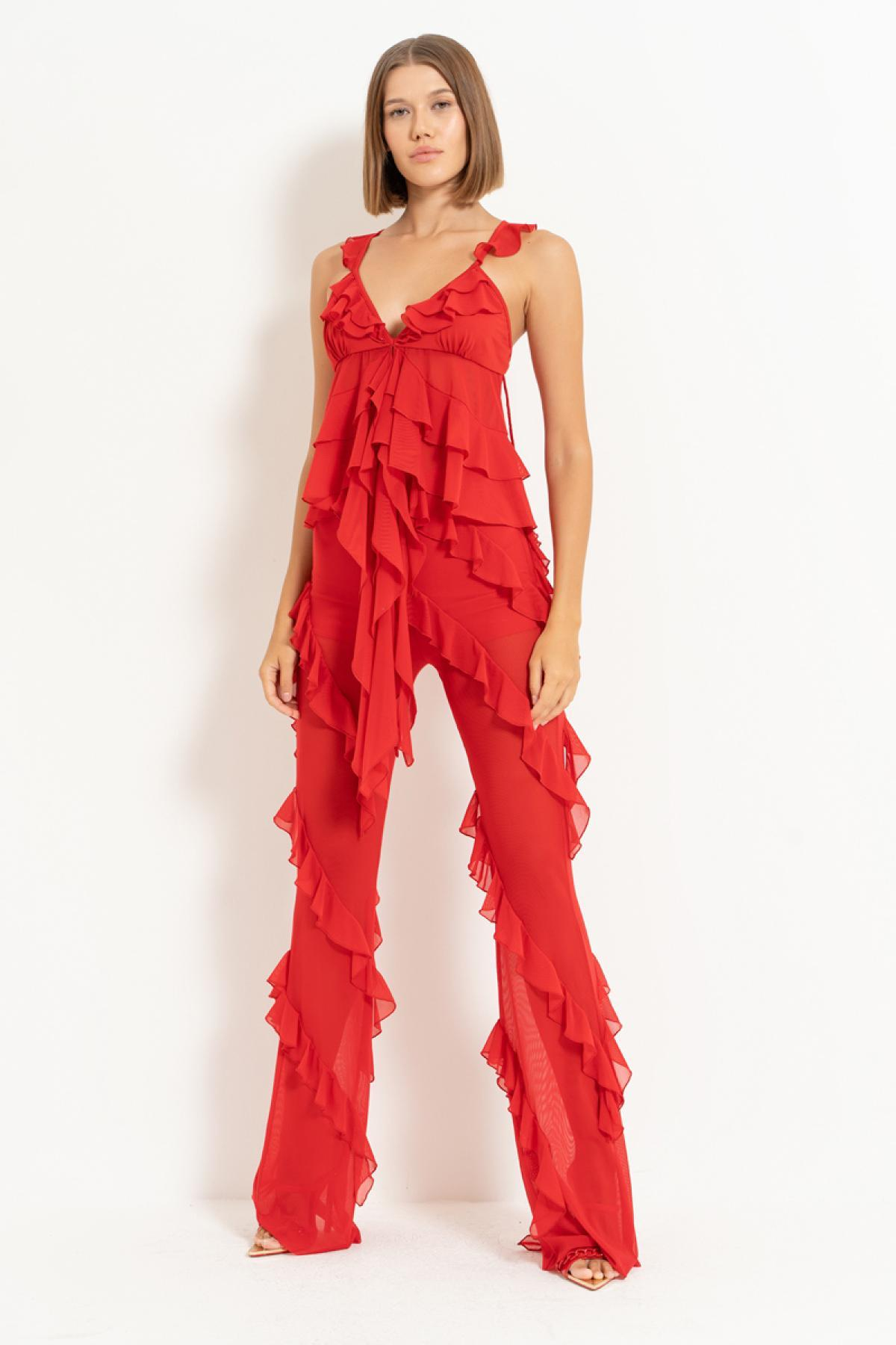Women wholesale red ruffle-trim mesh cami & pants set 689171