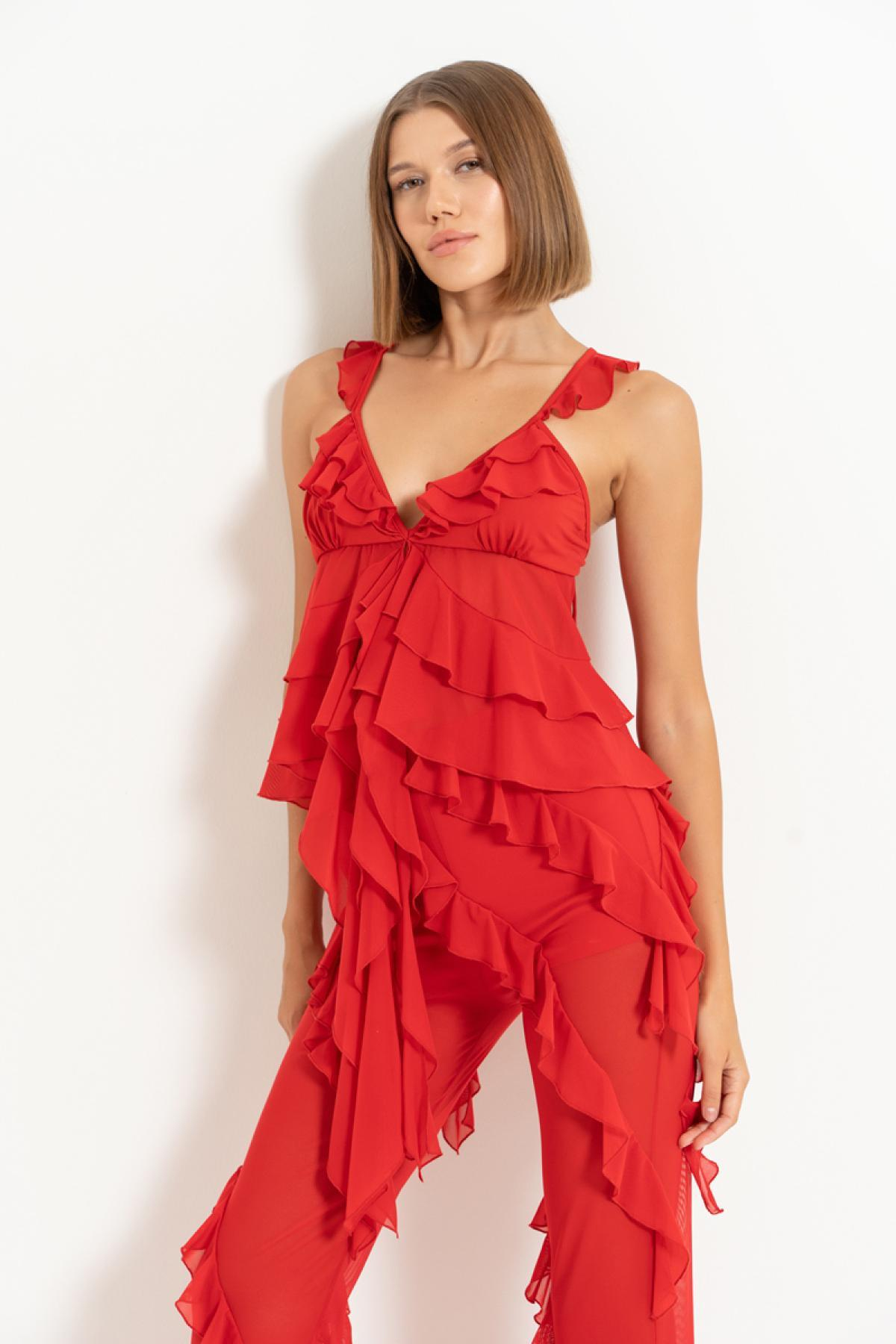 Women wholesale red ruffle-trim mesh cami & pants set 689171