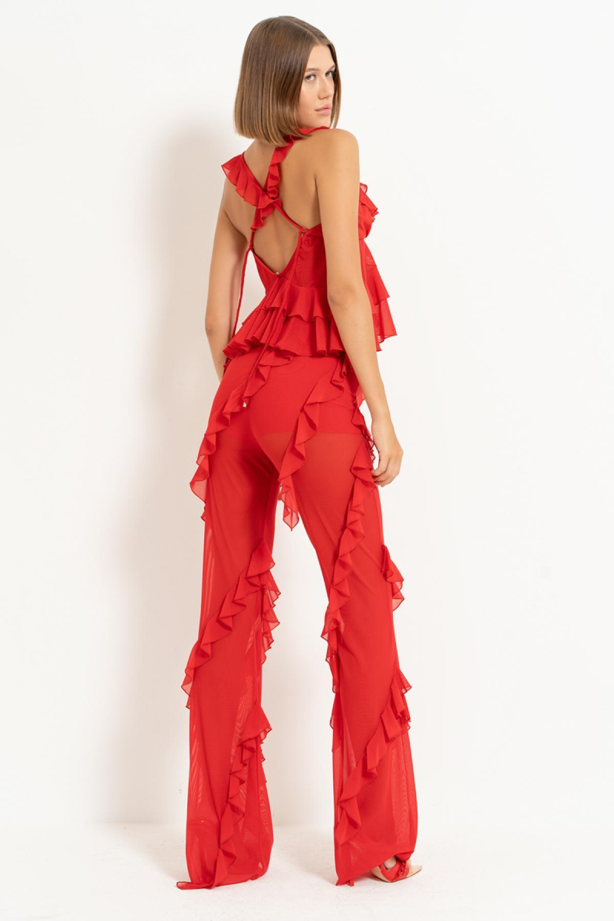 Women wholesale red ruffle-trim mesh cami & pants set 689171