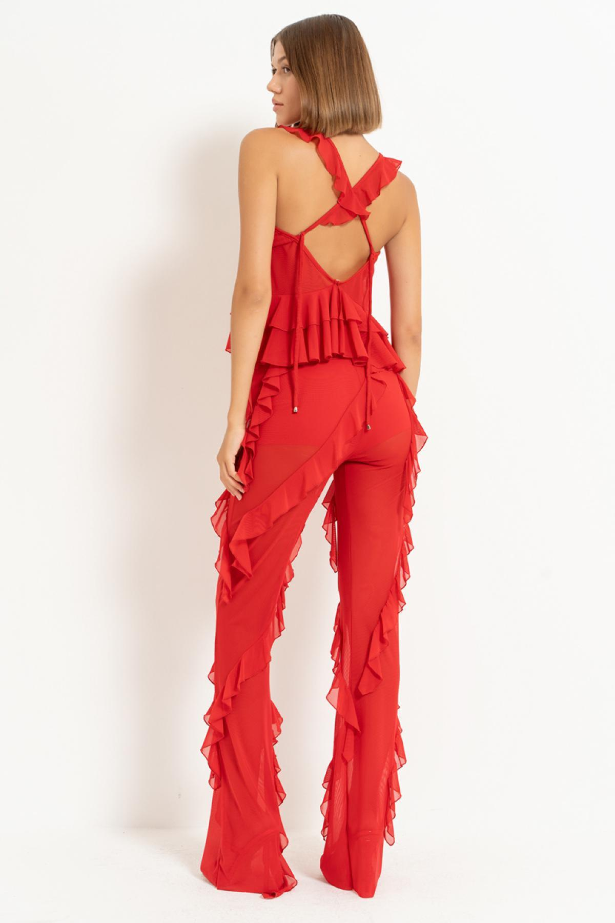 Women wholesale red ruffle-trim mesh cami & pants set 689171