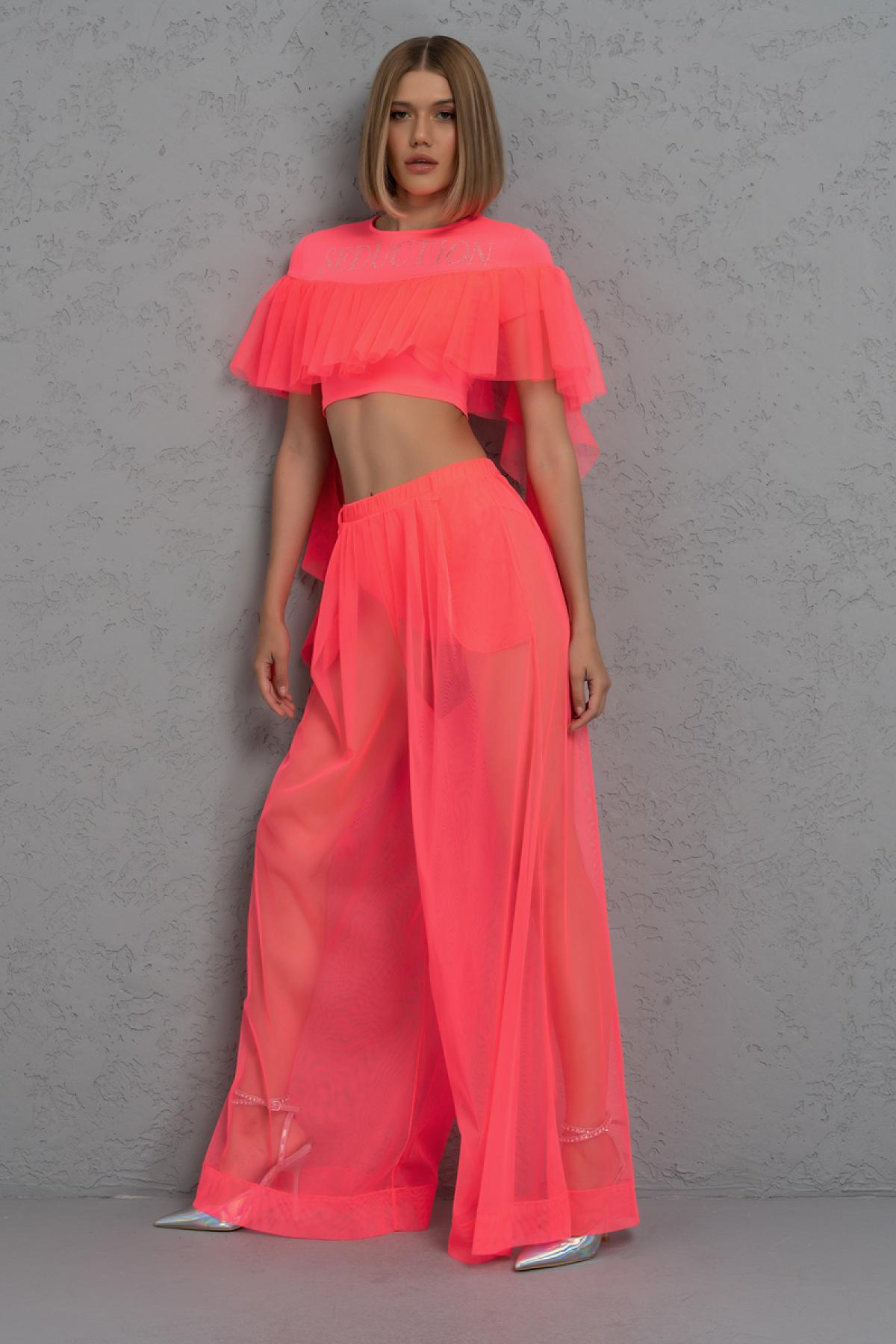 Women wholesale neon fuchsia frill crop top & sheer pants with shorts 689198