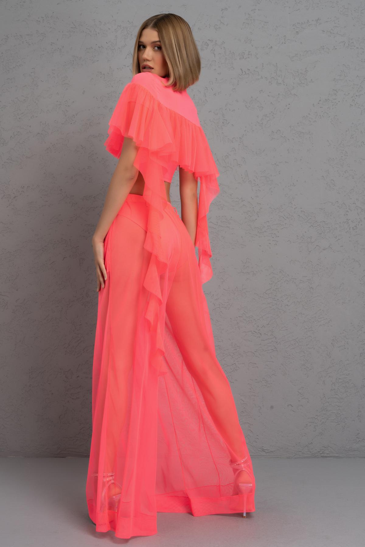 Women wholesale neon fuchsia frill crop top & sheer pants with shorts 689198