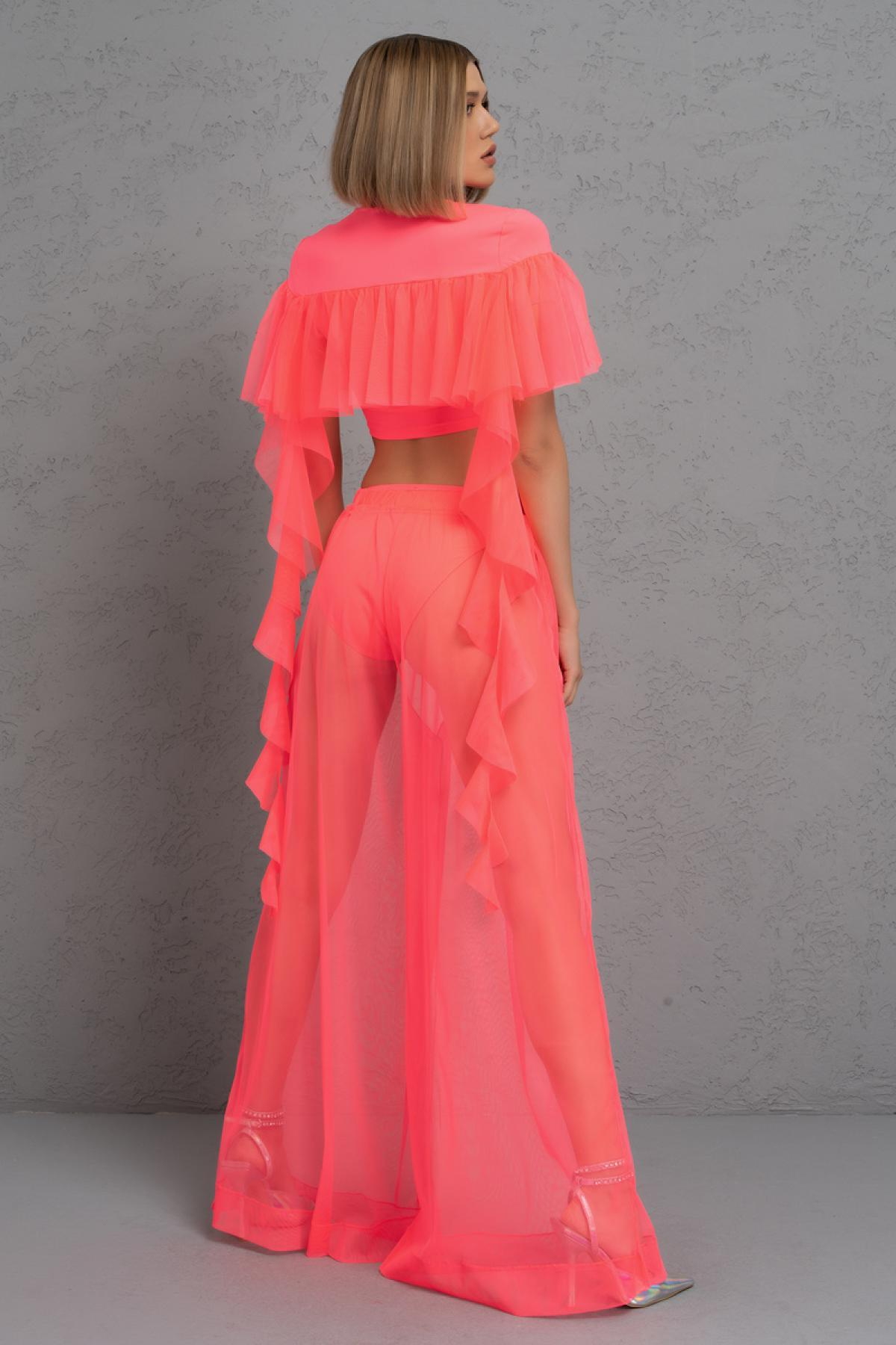 Women wholesale neon fuchsia frill crop top & sheer pants with shorts 689198
