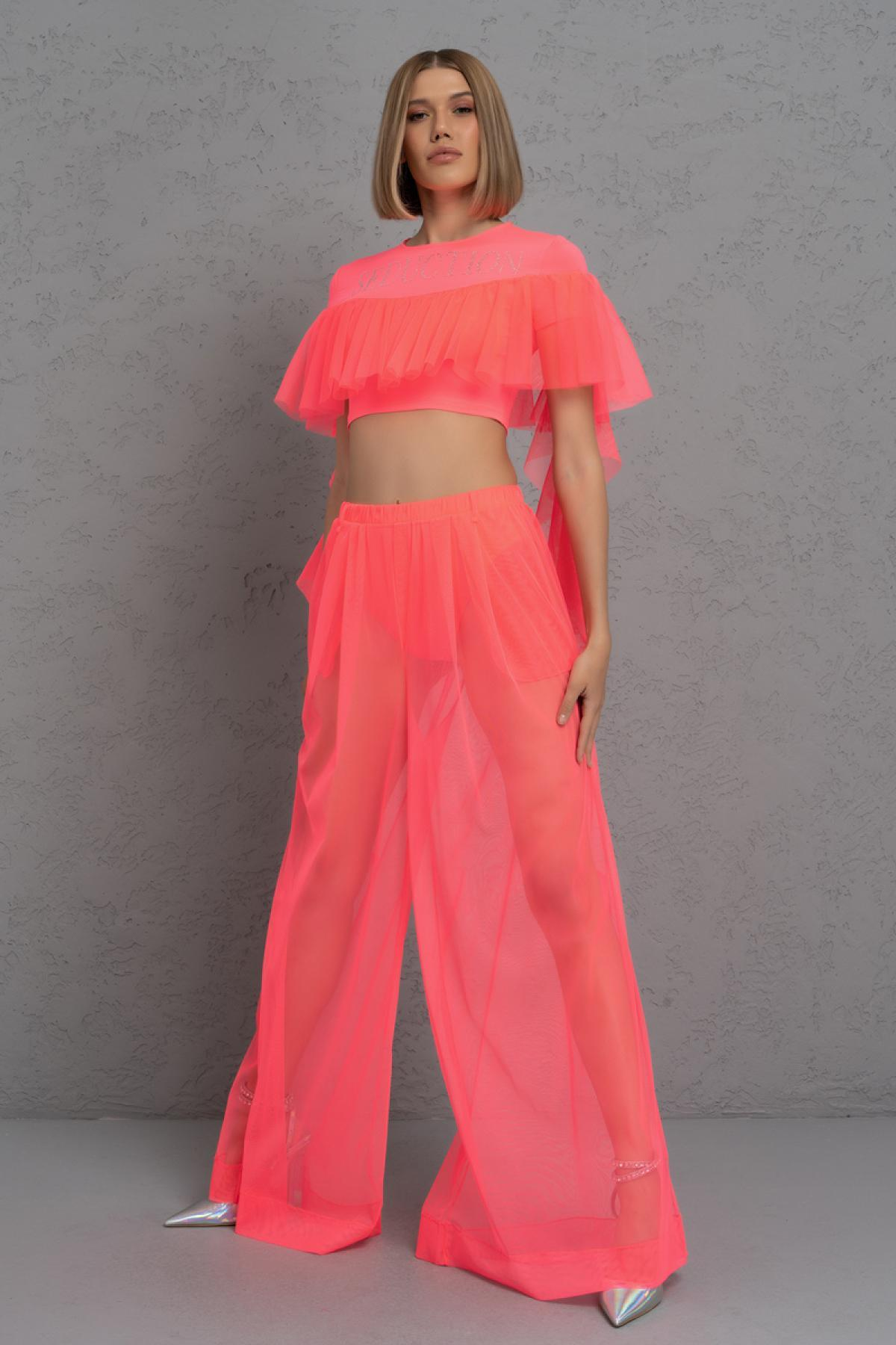 Women wholesale neon fuchsia frill crop top & sheer pants with shorts 689198