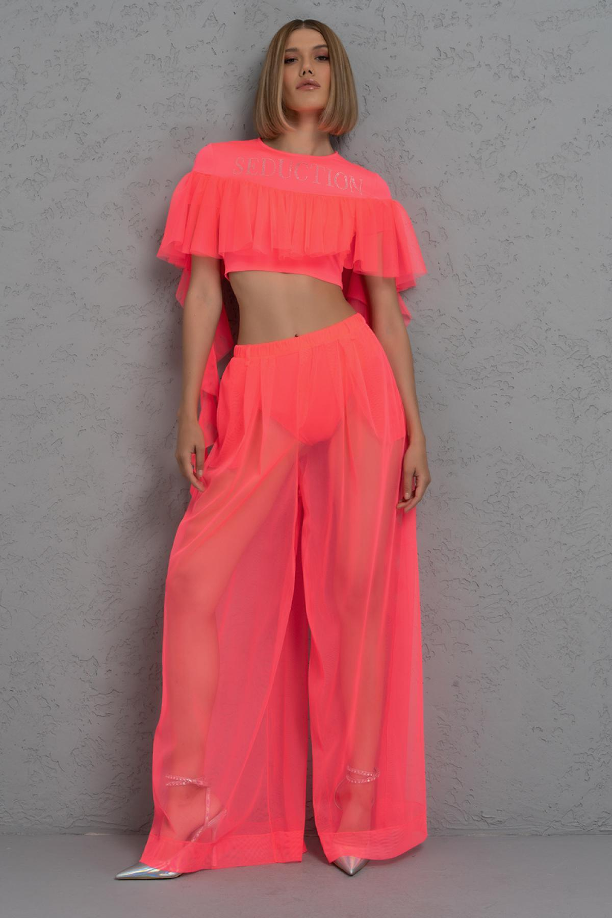 Women wholesale neon fuchsia frill crop top & sheer pants with shorts 689198