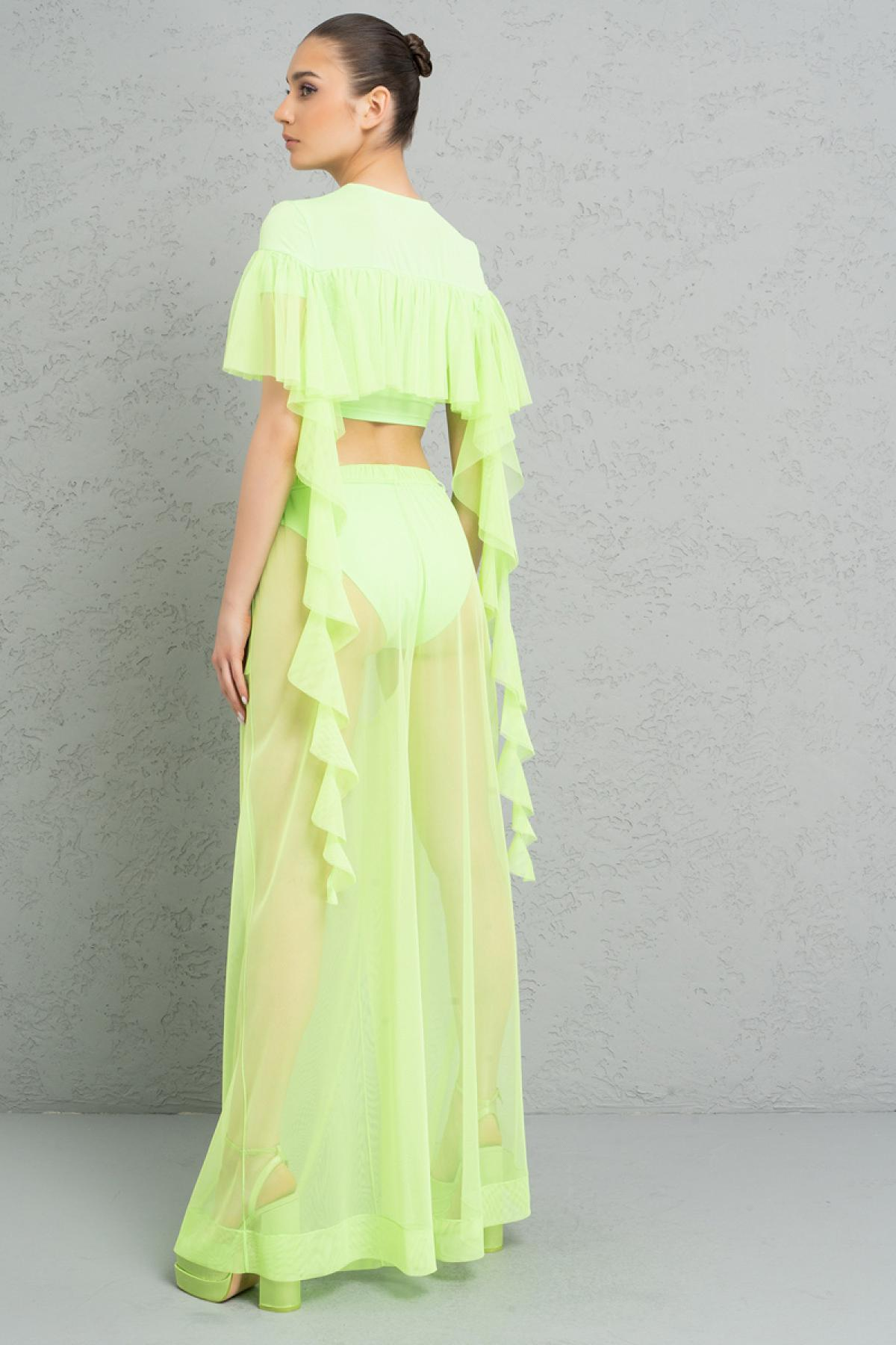 Women wholesale neon green frill crop top & sheer pants with shorts 689199