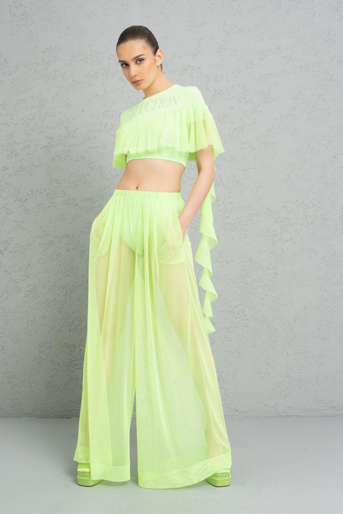 Women wholesale neon green frill crop top & sheer pants with shorts 689199