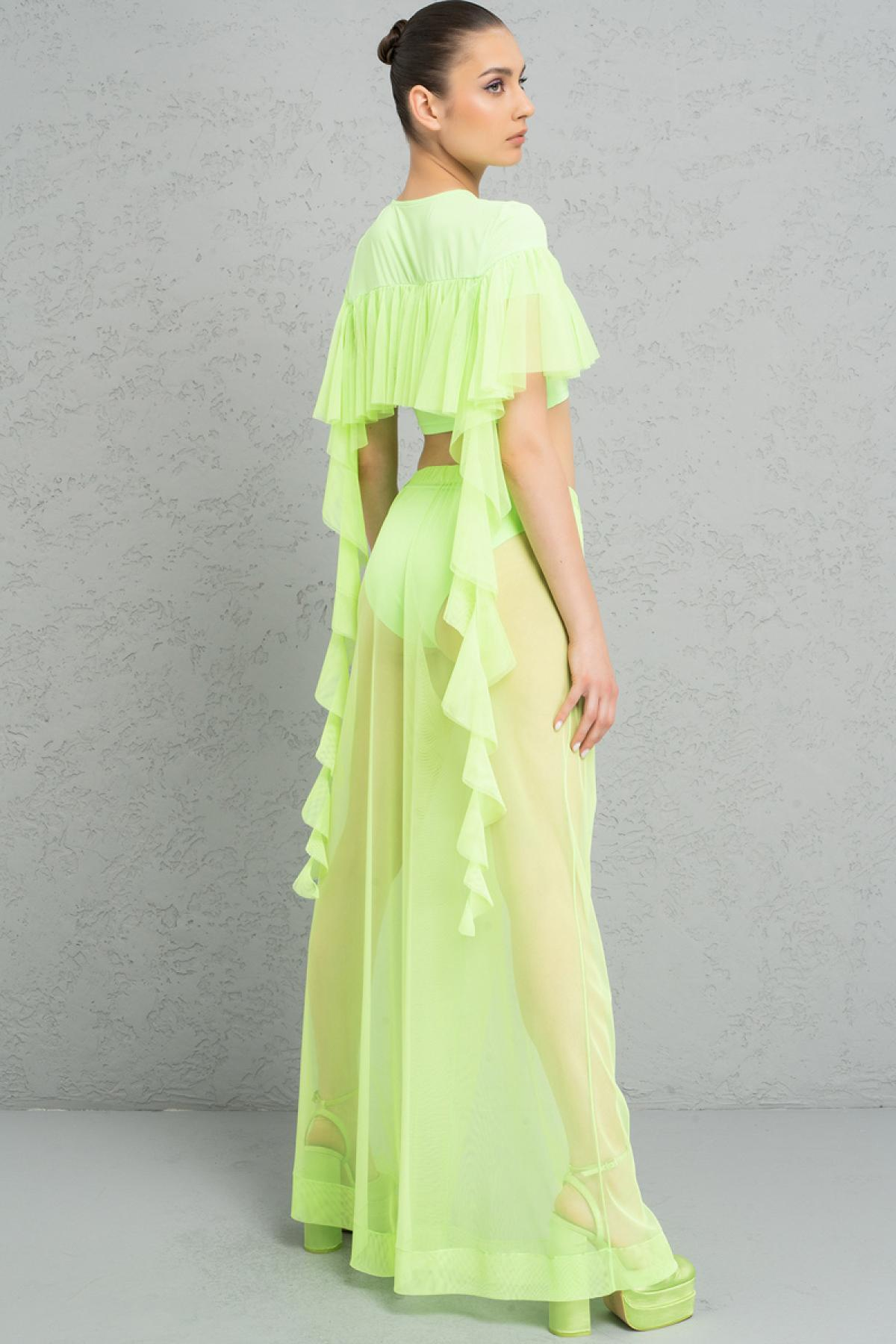 Women wholesale neon green frill crop top & sheer pants with shorts 689199