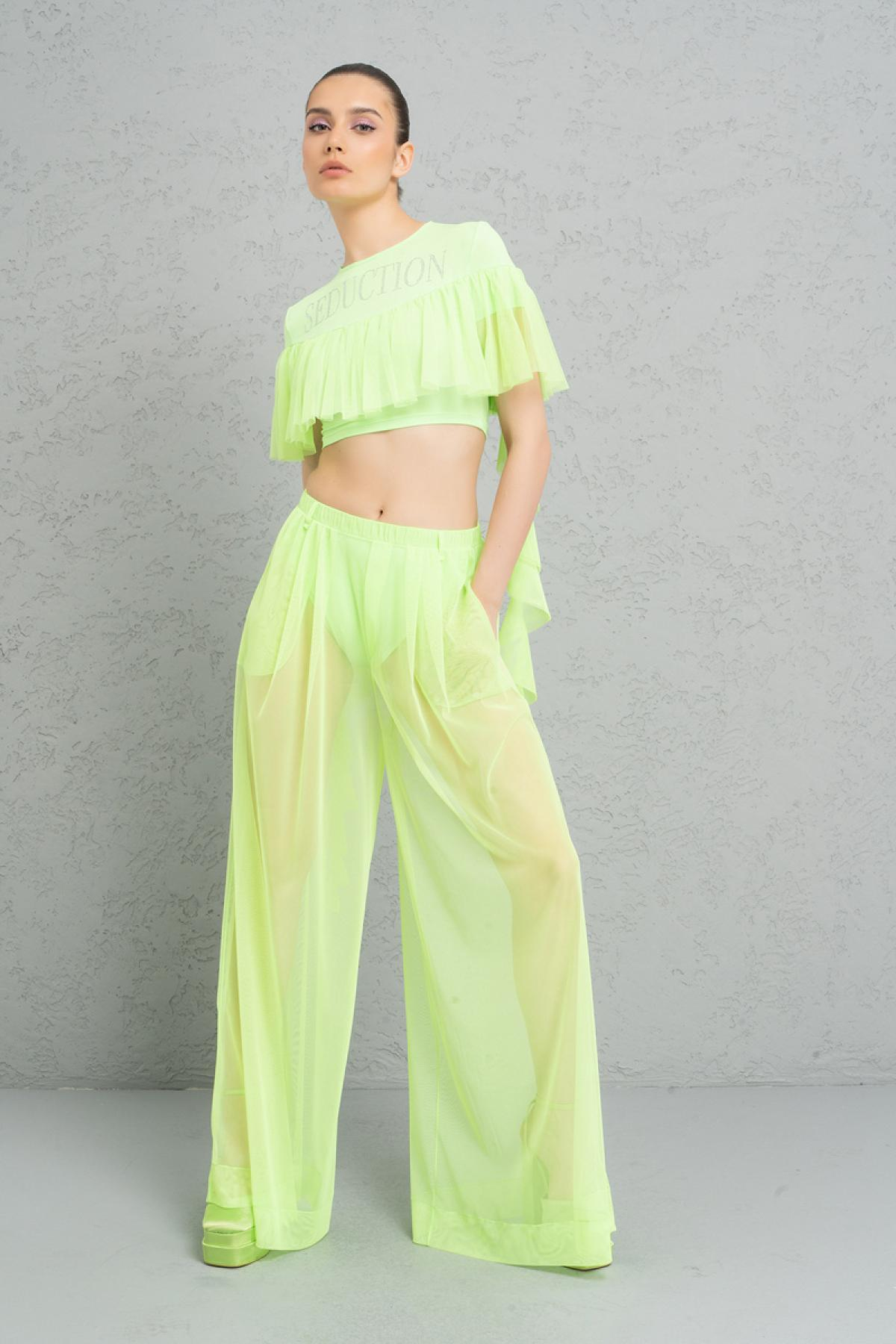 Women wholesale neon green frill crop top & sheer pants with shorts 689199