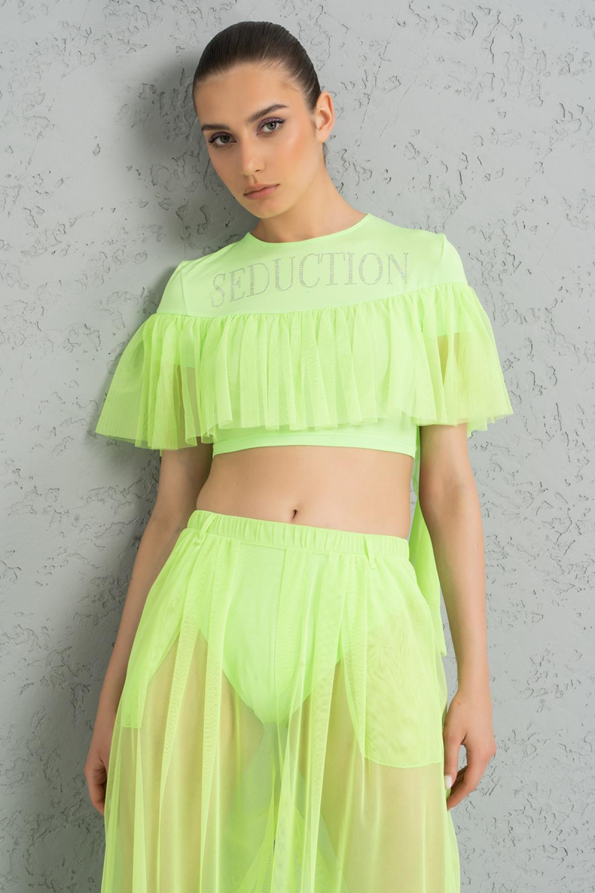 Women wholesale neon green frill crop top & sheer pants with shorts 689199
