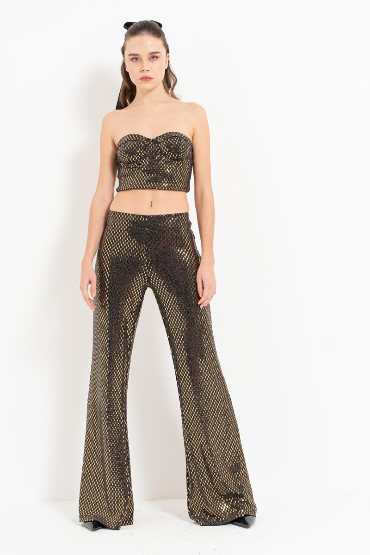 Women wholesale black-gold sequin tube top & pants set 689155