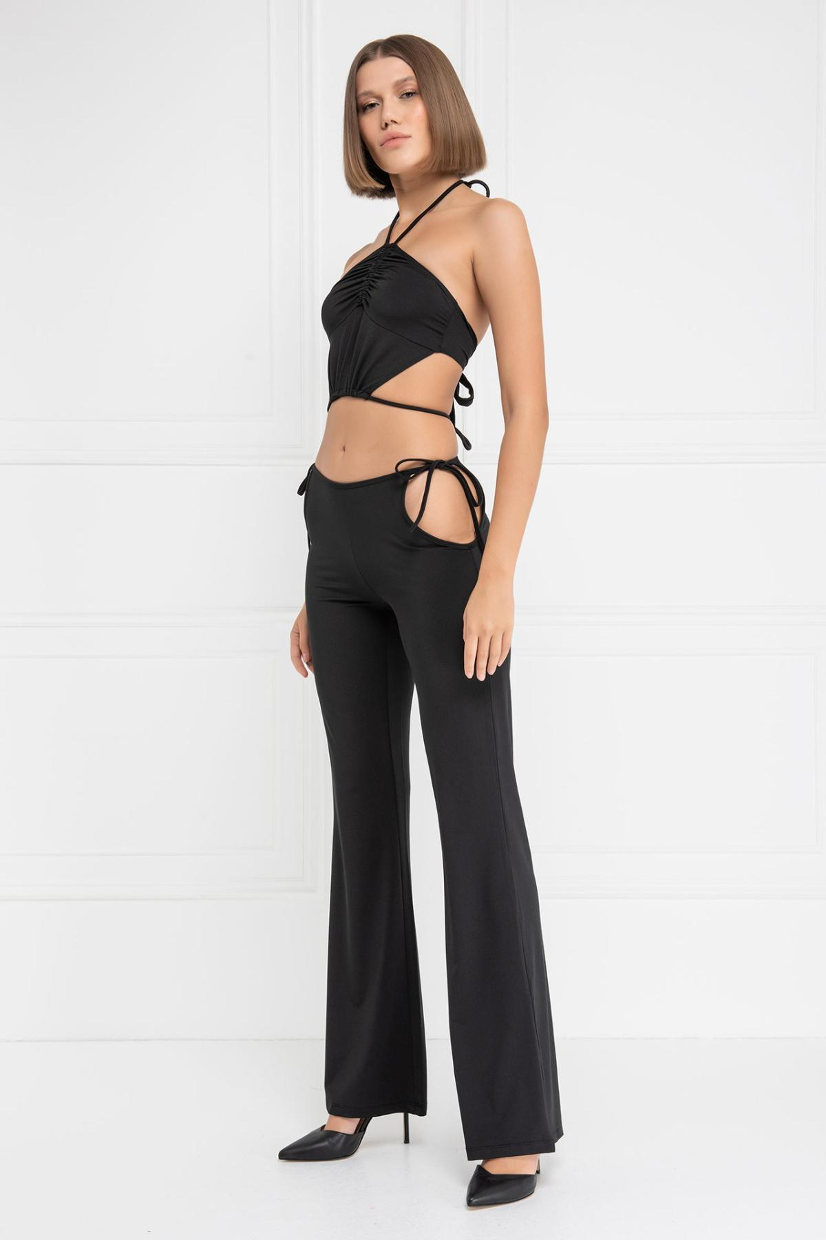 Women wholesale black strappy crop cami & cut out pants set 689257