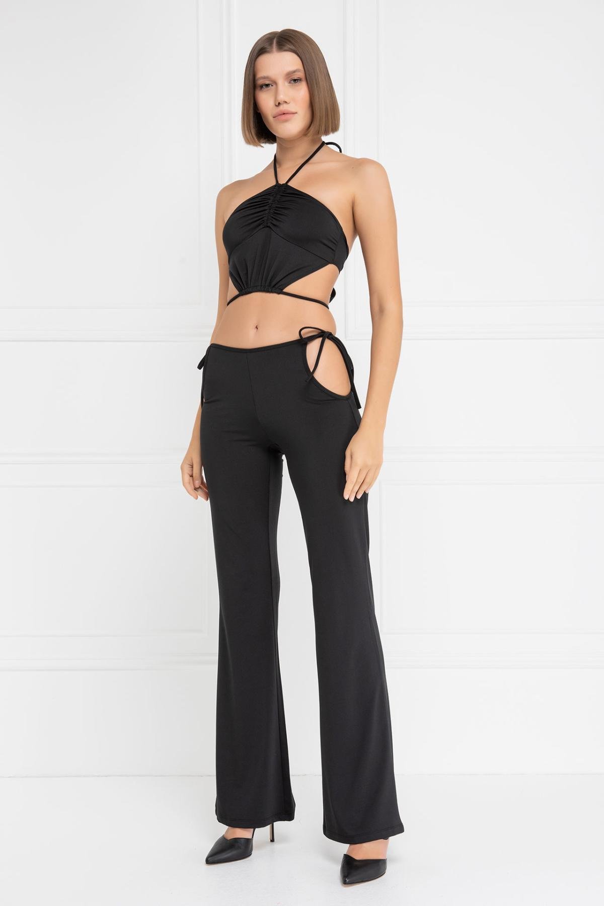 Women wholesale black strappy crop cami & cut out pants set 689257