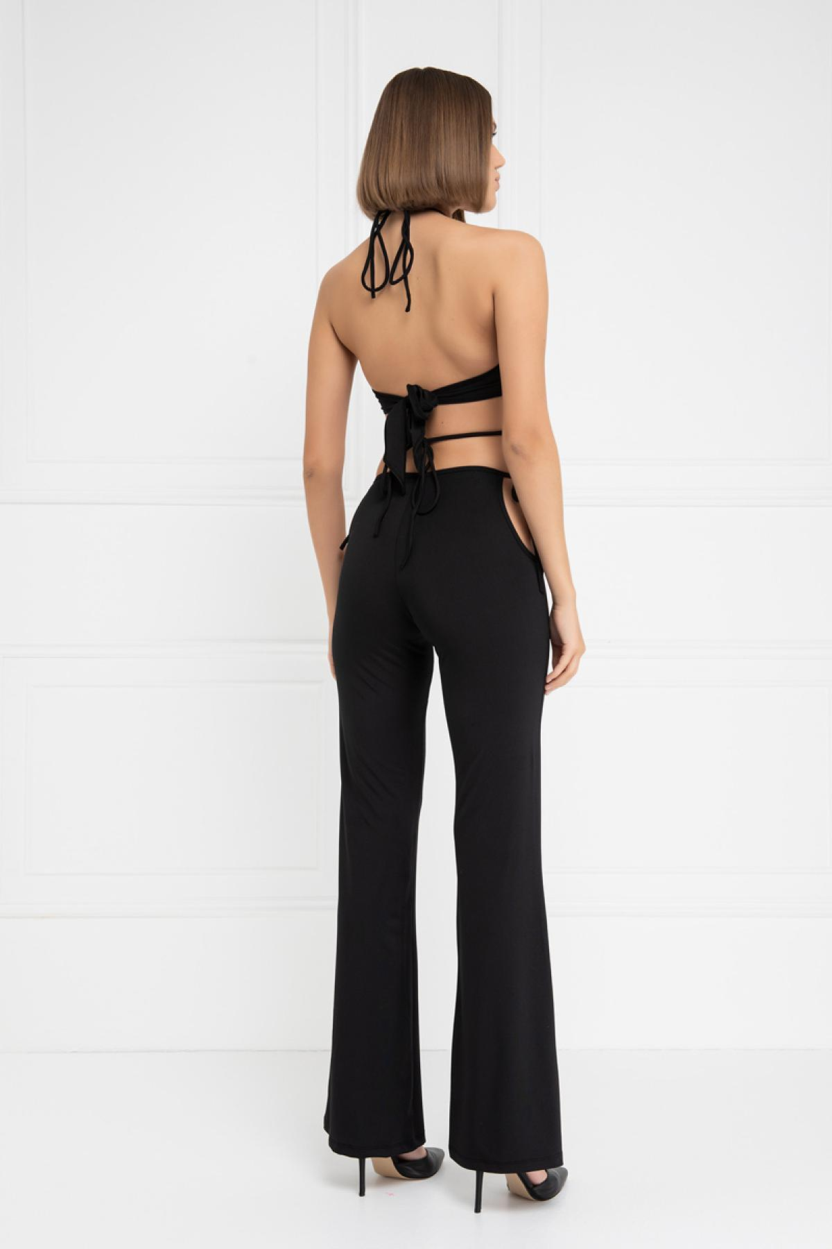 Women wholesale black strappy crop cami & cut out pants set 689257