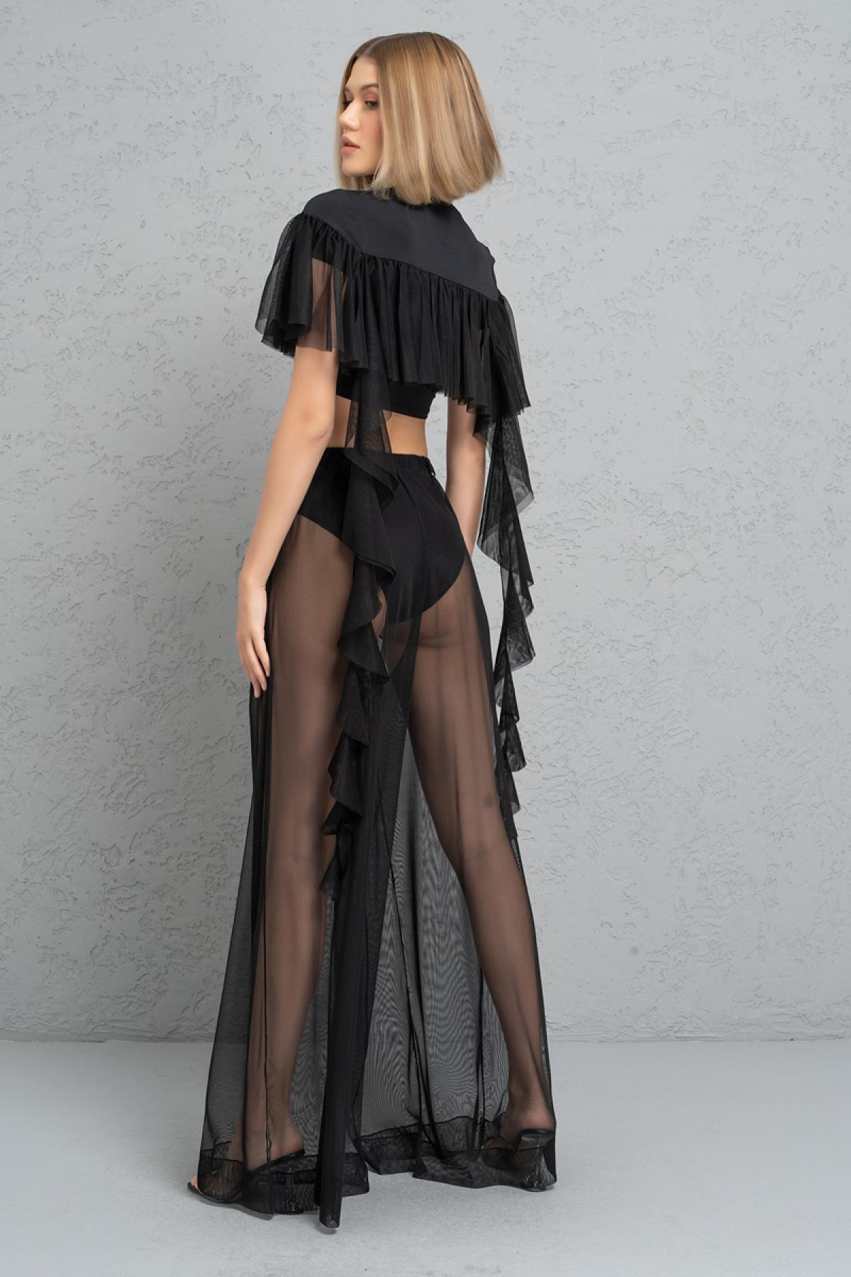 Women wholesale black frill crop top & sheer pants with shorts 689197