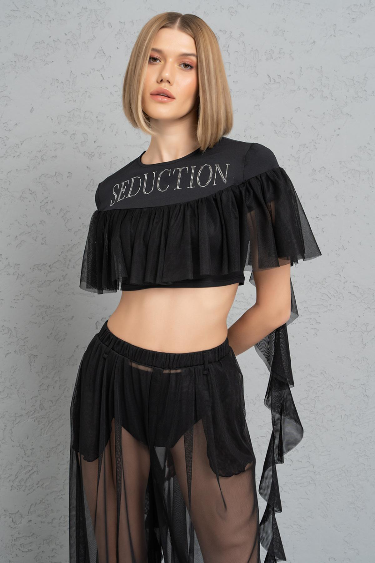 Women wholesale black frill crop top & sheer pants with shorts 689197