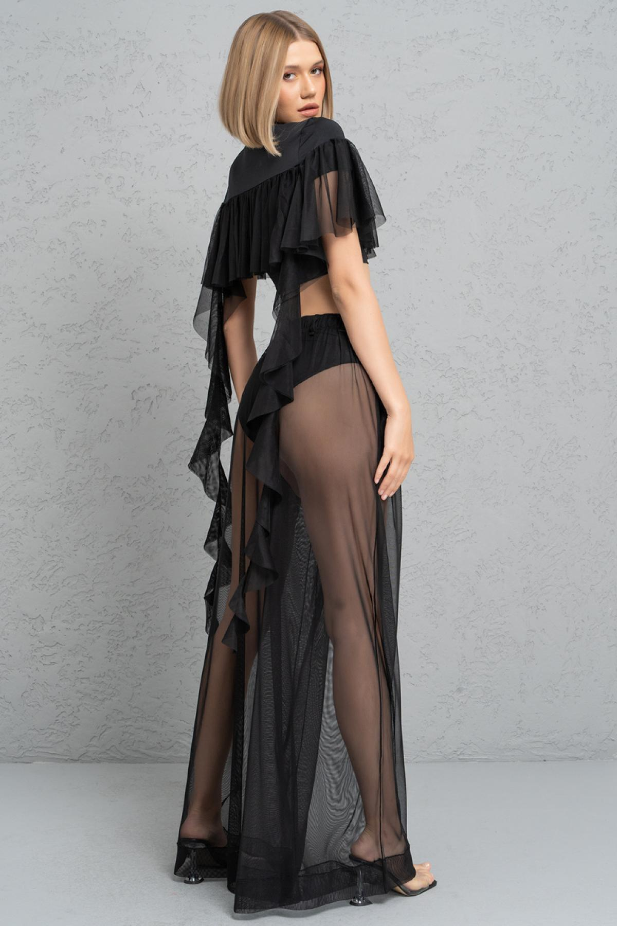Women wholesale black frill crop top & sheer pants with shorts 689197