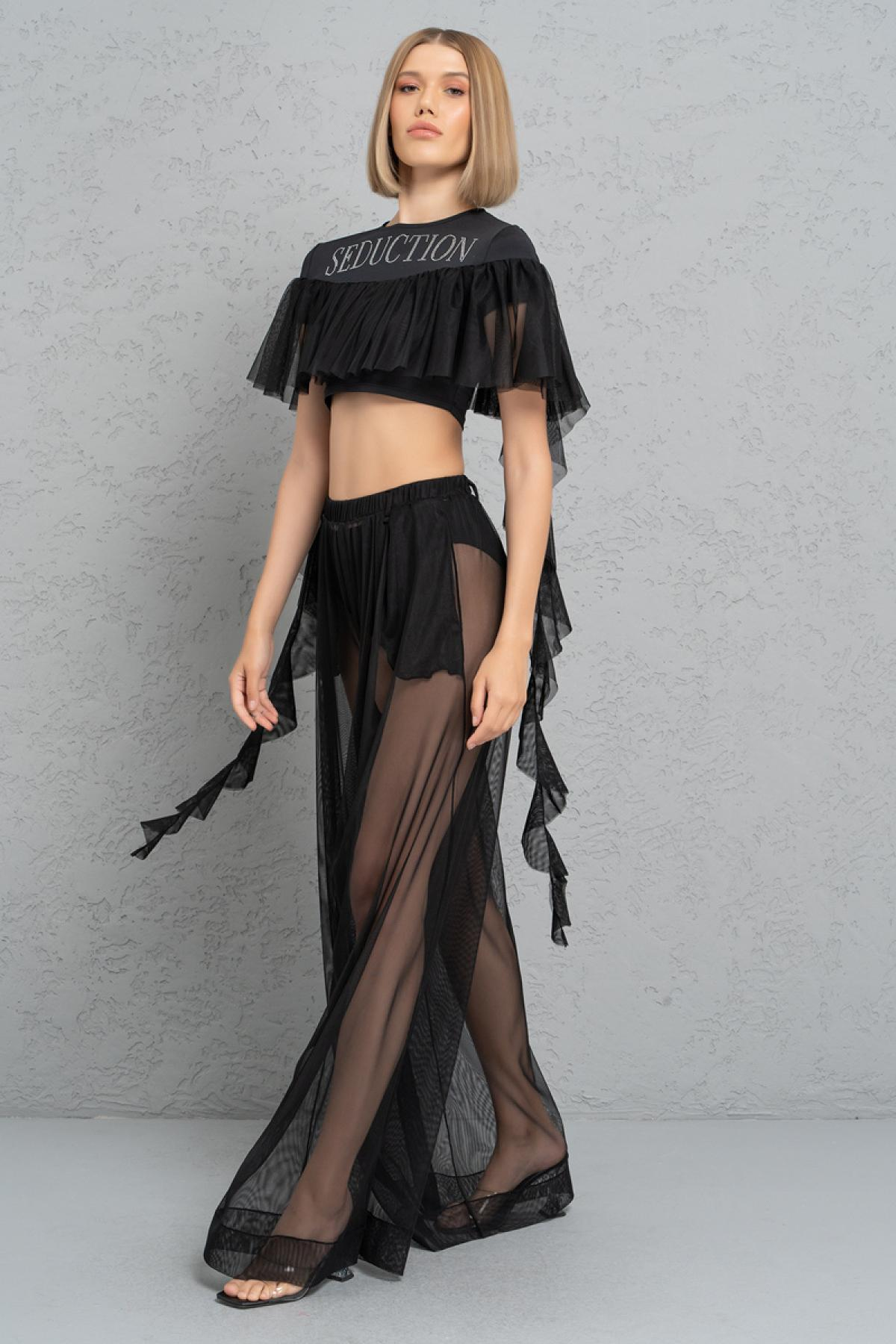 Women wholesale black frill crop top & sheer pants with shorts 689197