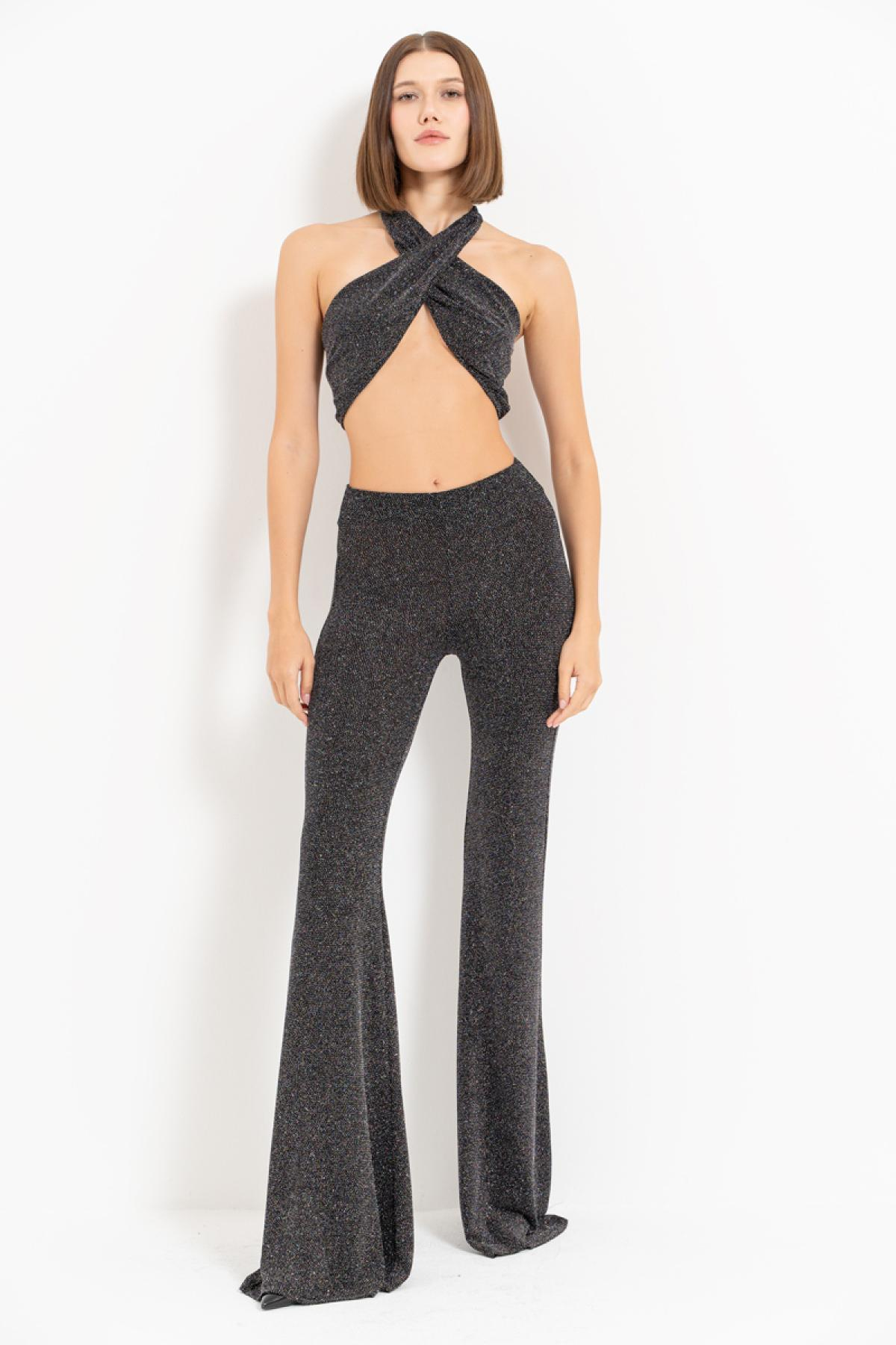 Women wholesale black-silver cross-design crop top & pants set 689153