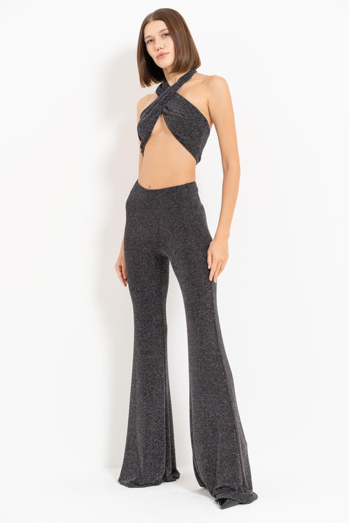 Women wholesale black-silver cross-design crop top & pants set 689153