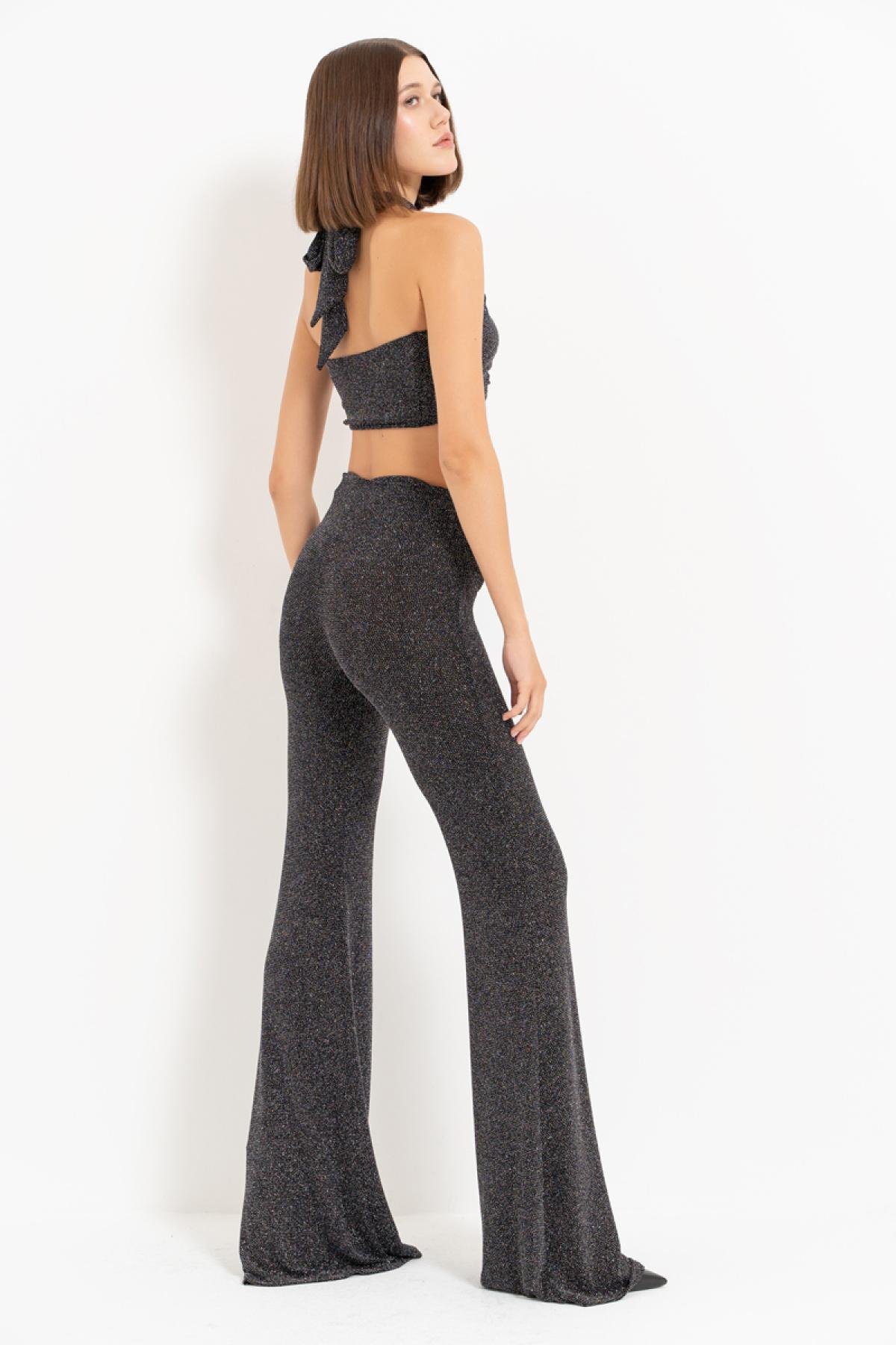 Women wholesale black-silver cross-design crop top & pants set 689153