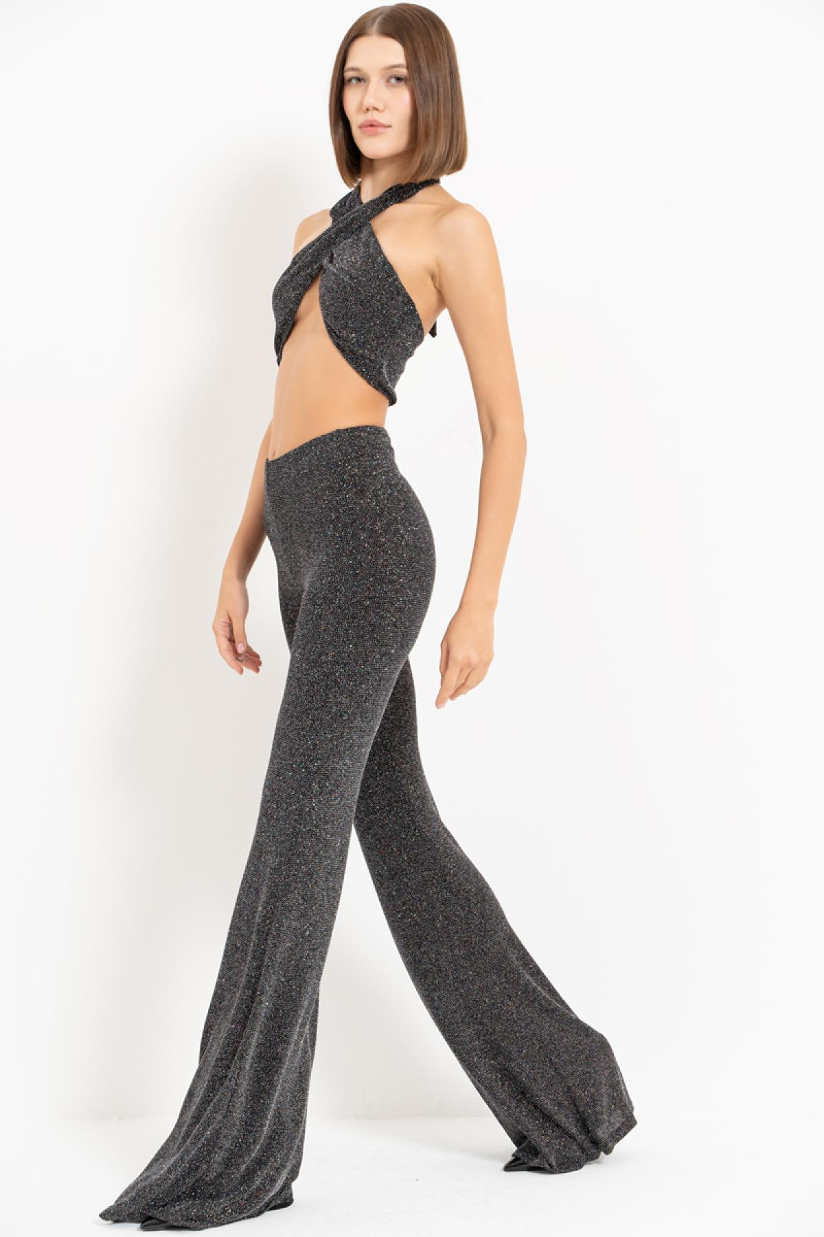 Women wholesale black-silver cross-design crop top & pants set 689153
