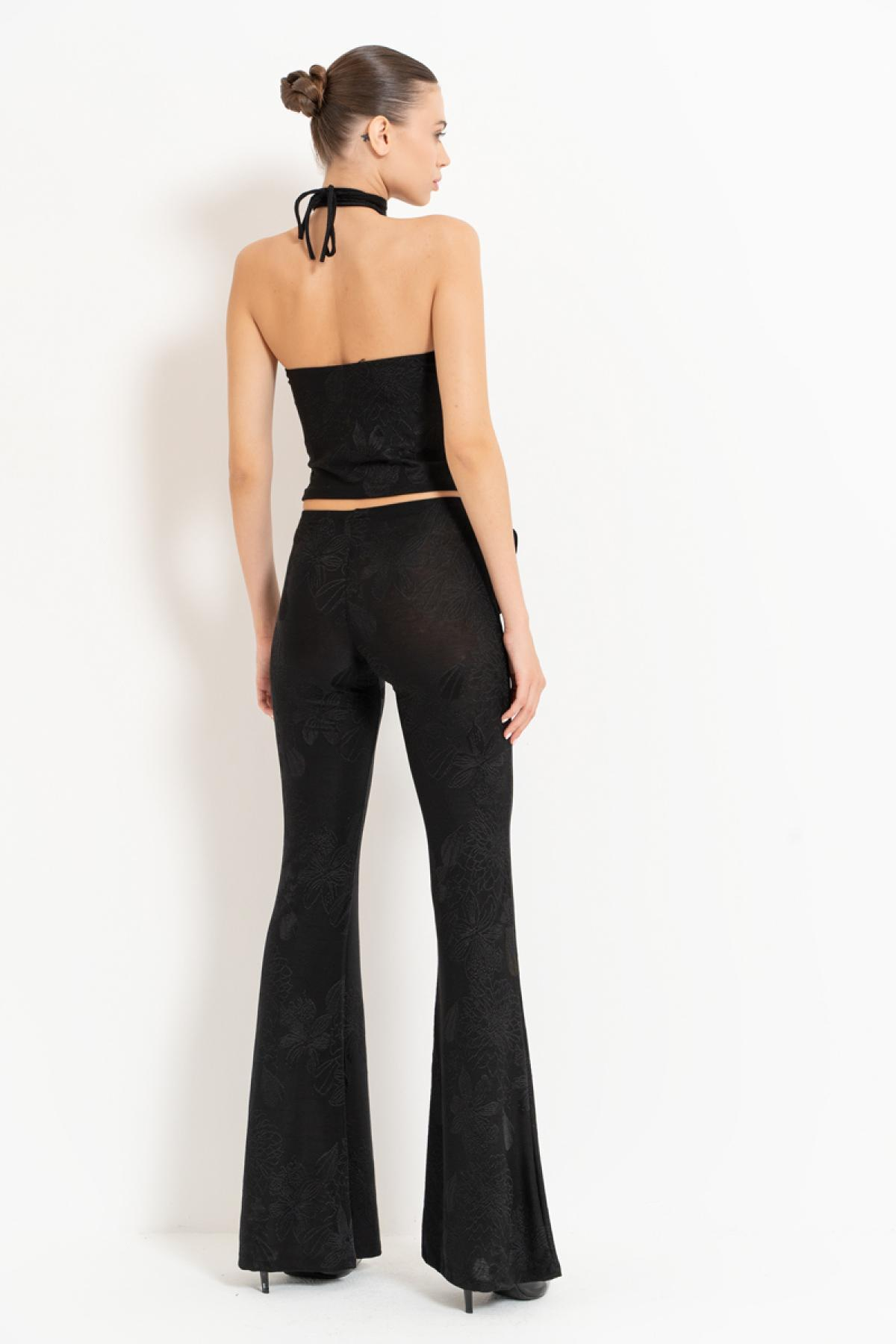 Women wholesale black tie-neck rose-accent crop top & pants set 689149